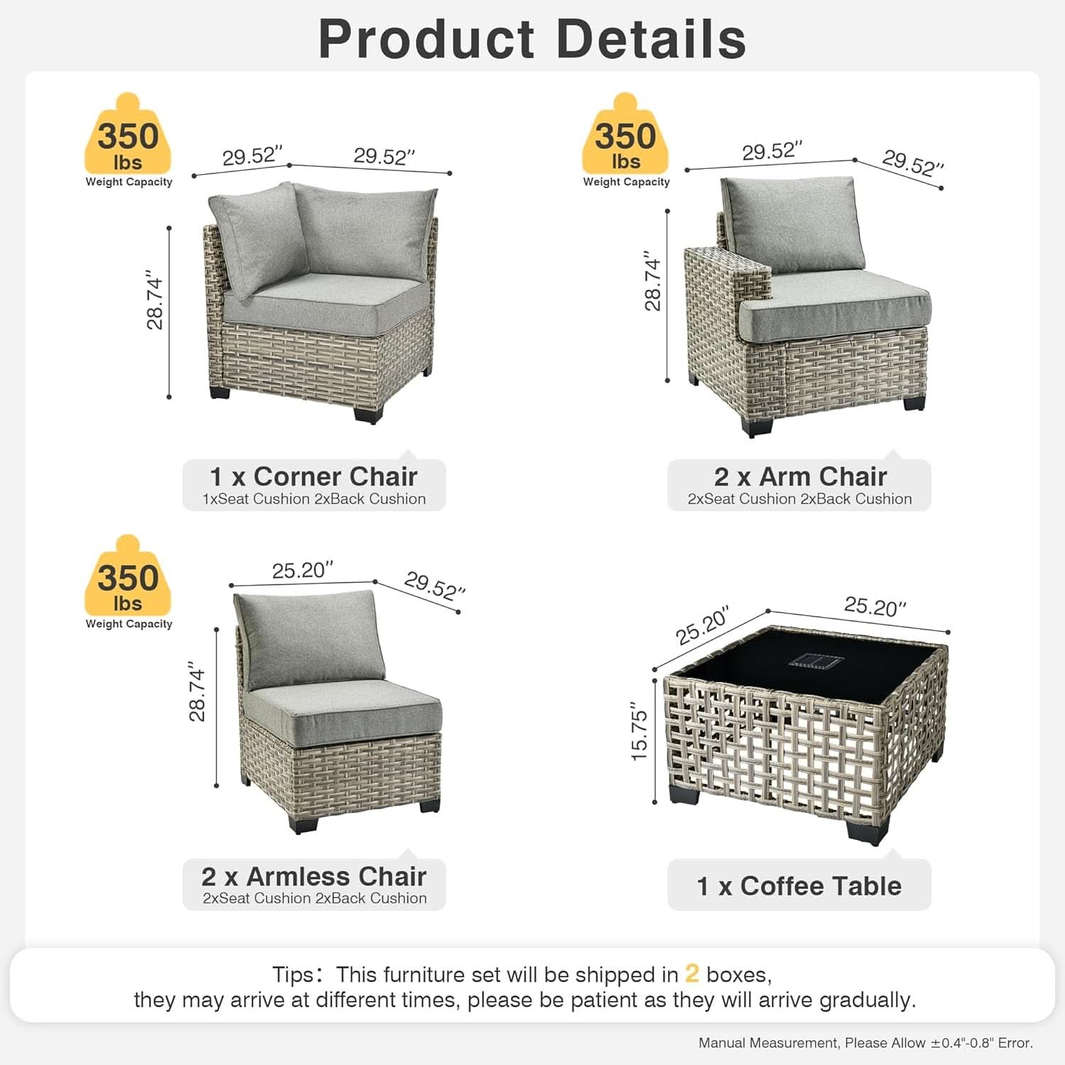 Dark Gray Wicker Patio Furniture Set 6 Pieces Cushioned