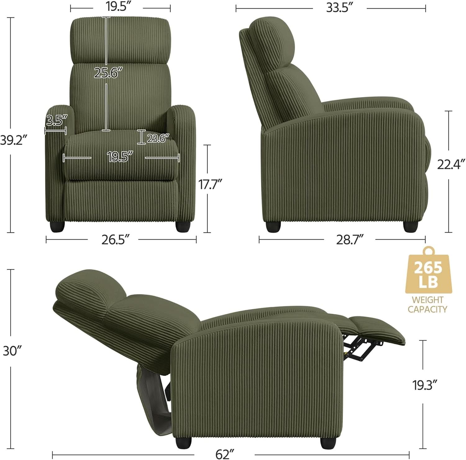 Dark Green Corduroy Adjustable Recliner Chair For Living Room