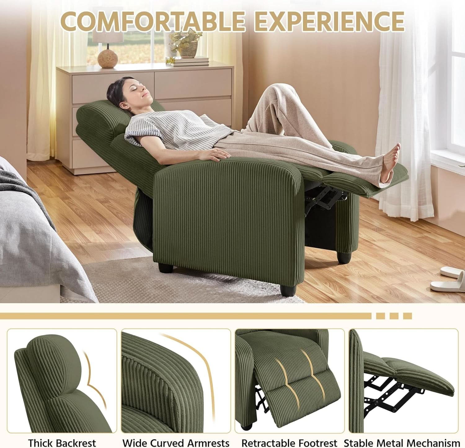 Dark Green Corduroy Adjustable Recliner Chair For Living Room