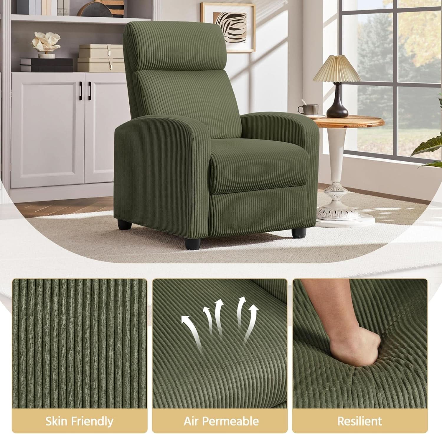 Dark Green Corduroy Adjustable Recliner Chair For Living Room