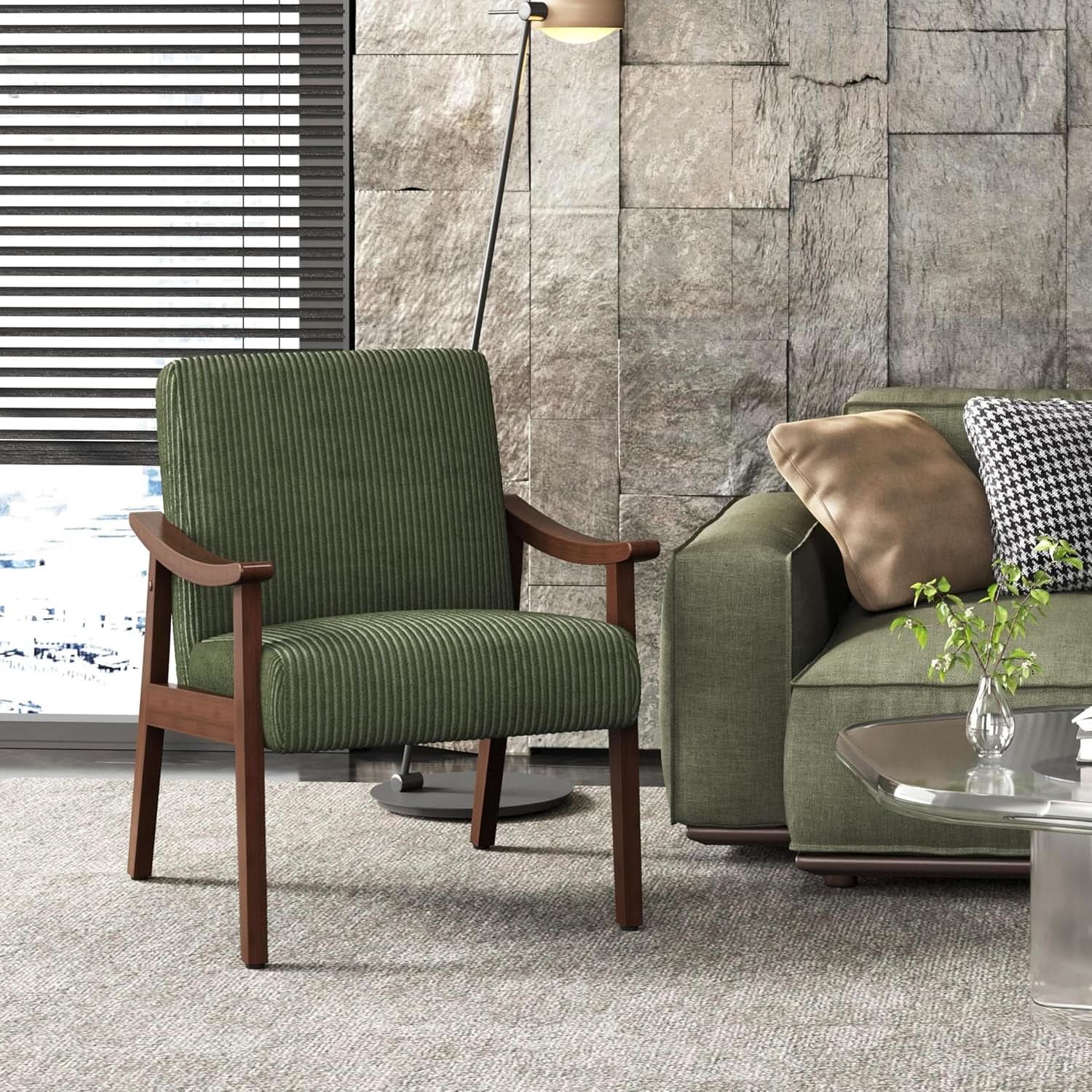 Dark Green Corduroy Armchair Mid Century Solid Wood