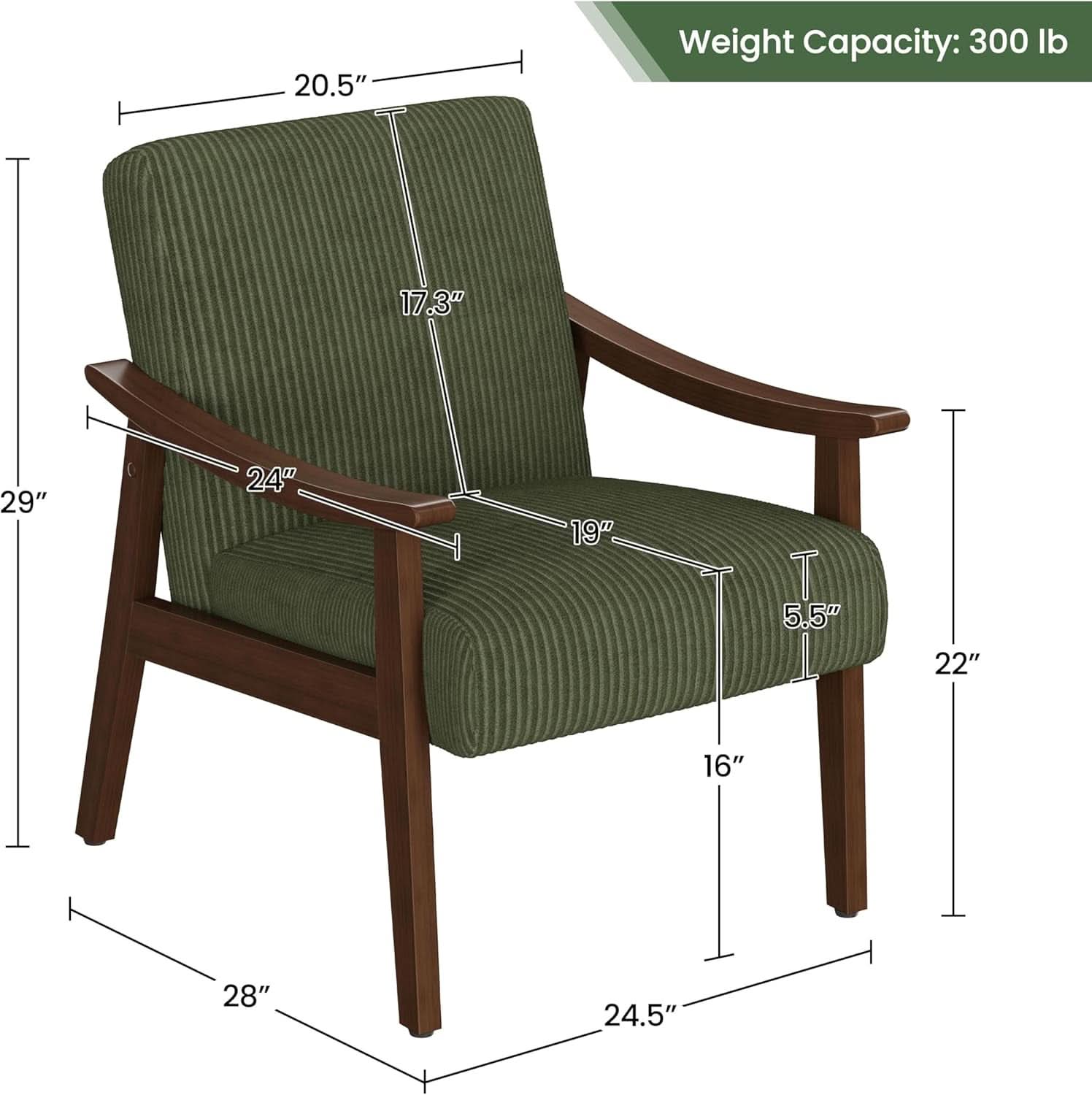Dark Green Corduroy Armchair Mid Century Solid Wood