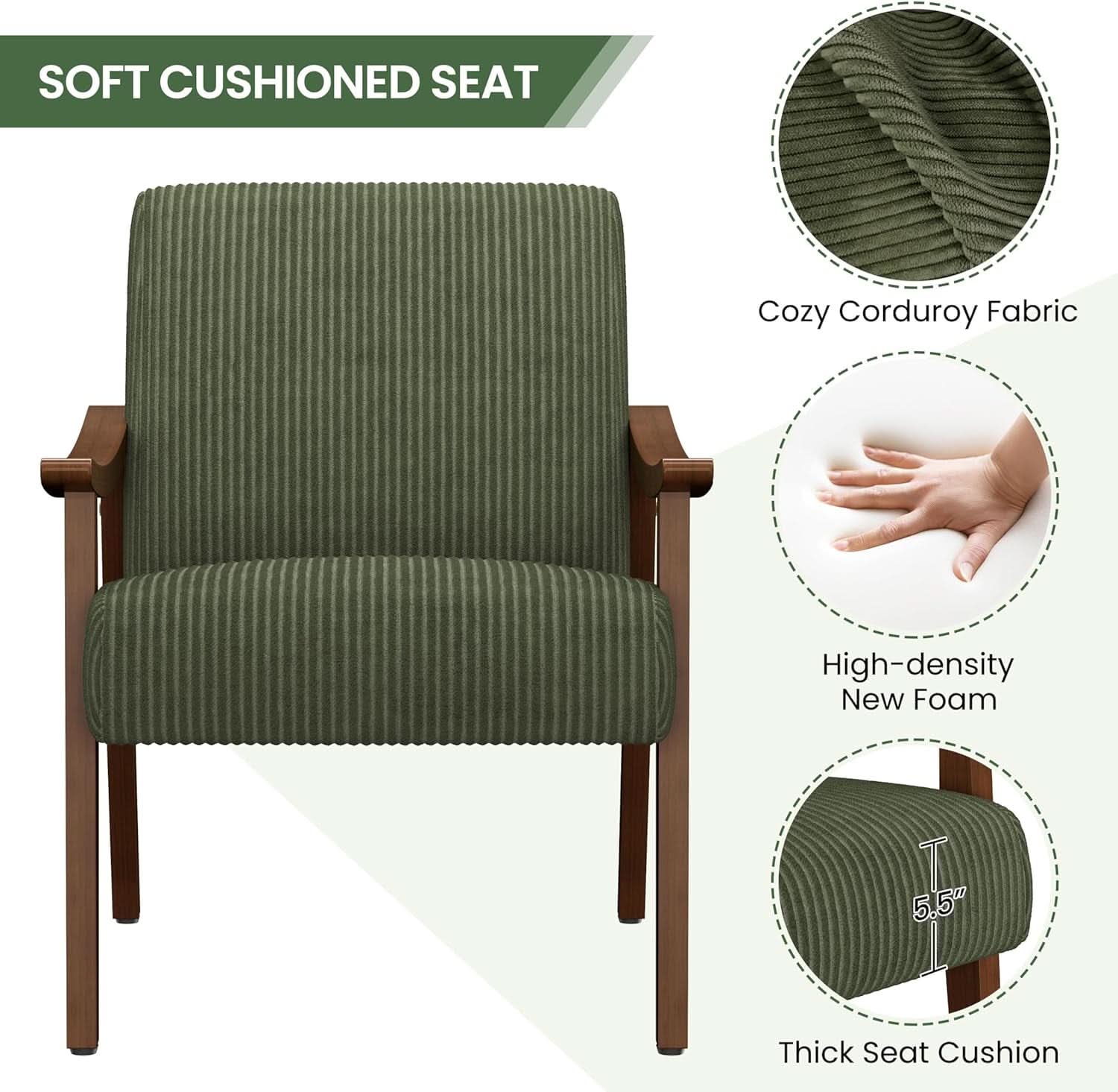 Dark Green Corduroy Armchair Mid Century Solid Wood