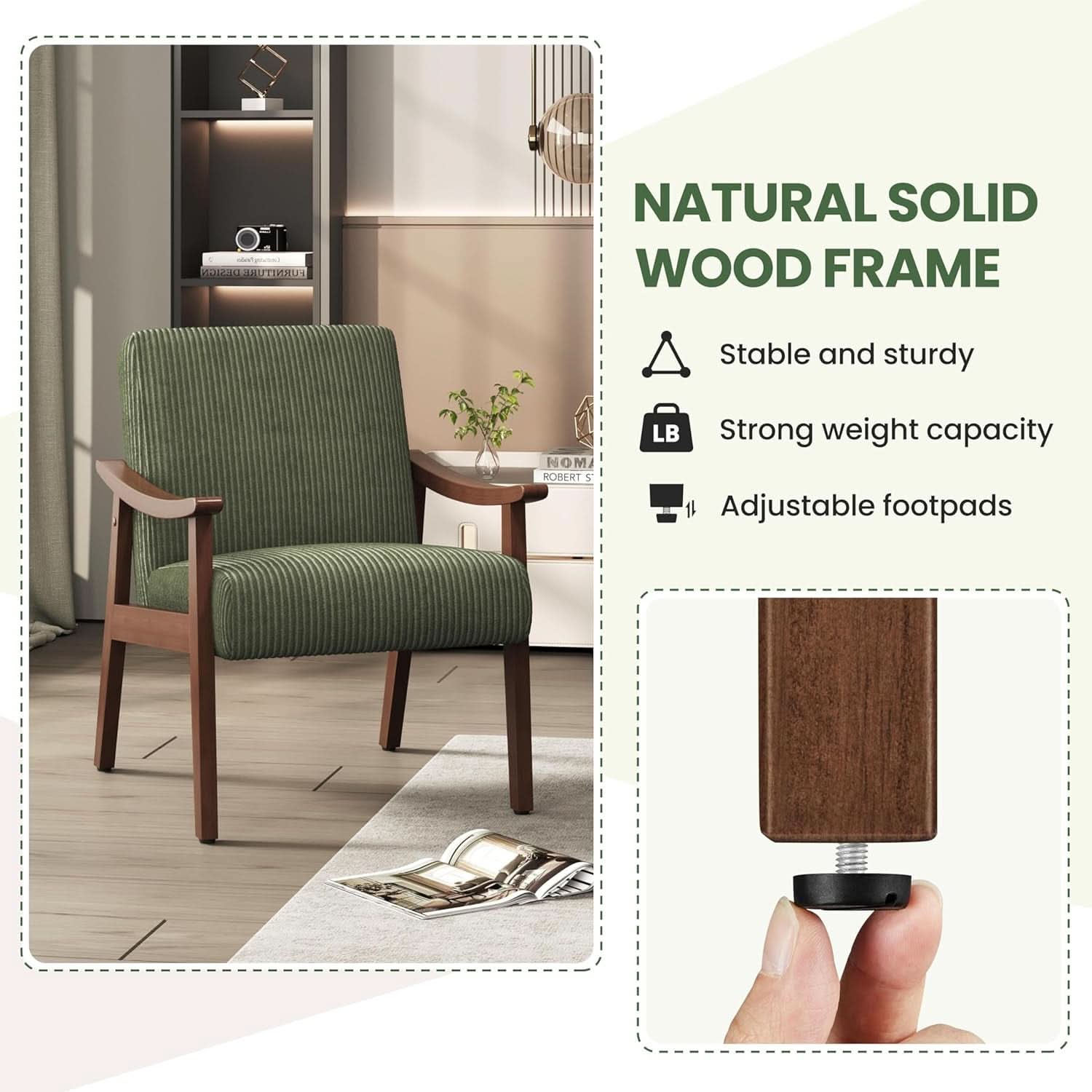 Dark Green Corduroy Armchair Mid Century Solid Wood