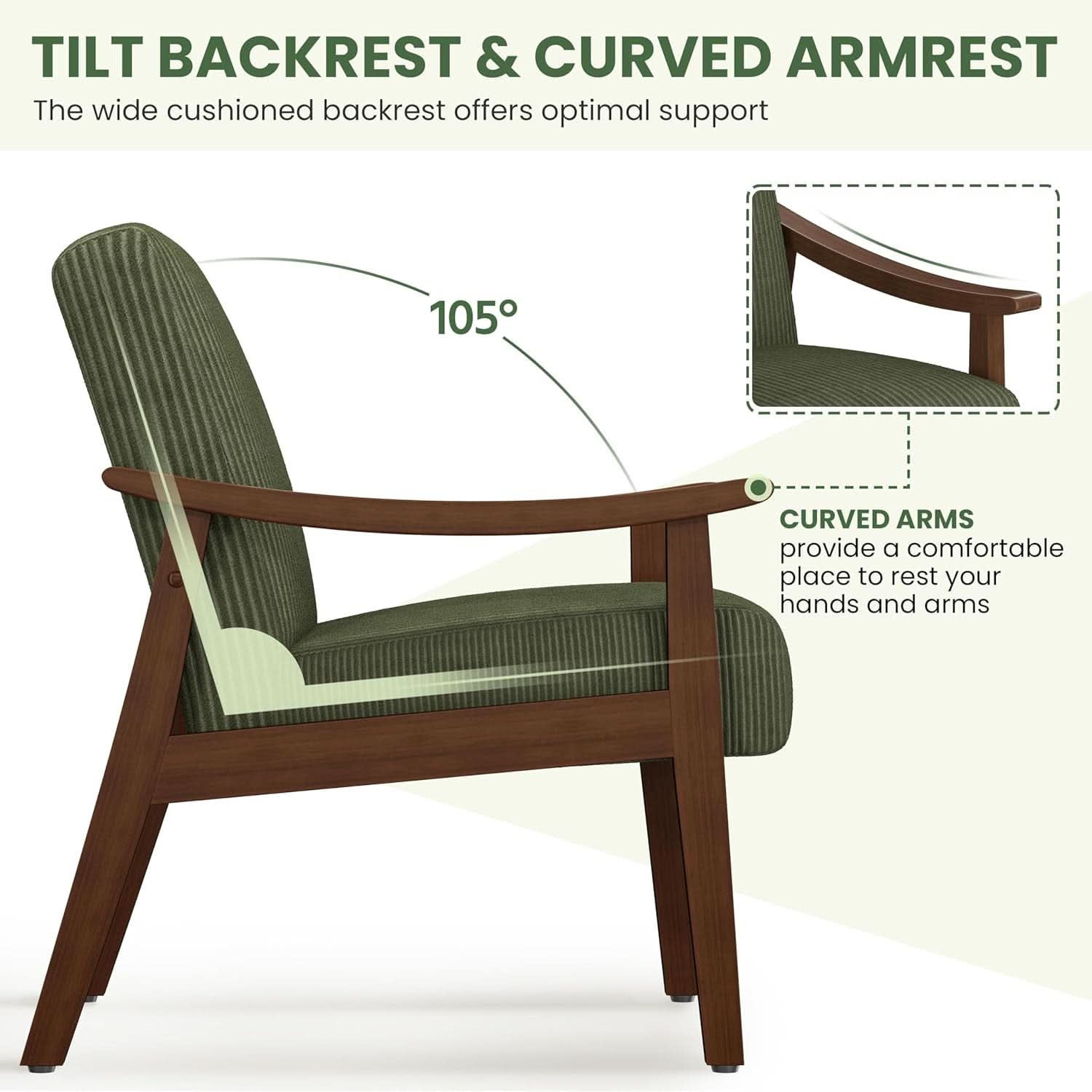 Dark Green Corduroy Armchair Mid Century Solid Wood