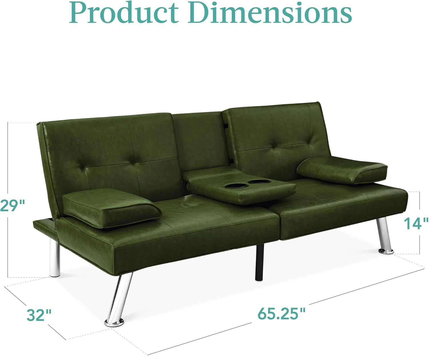 Dark Green Faux Leather Convertible Futon Sofa Sleeper With Adjustable Backrest