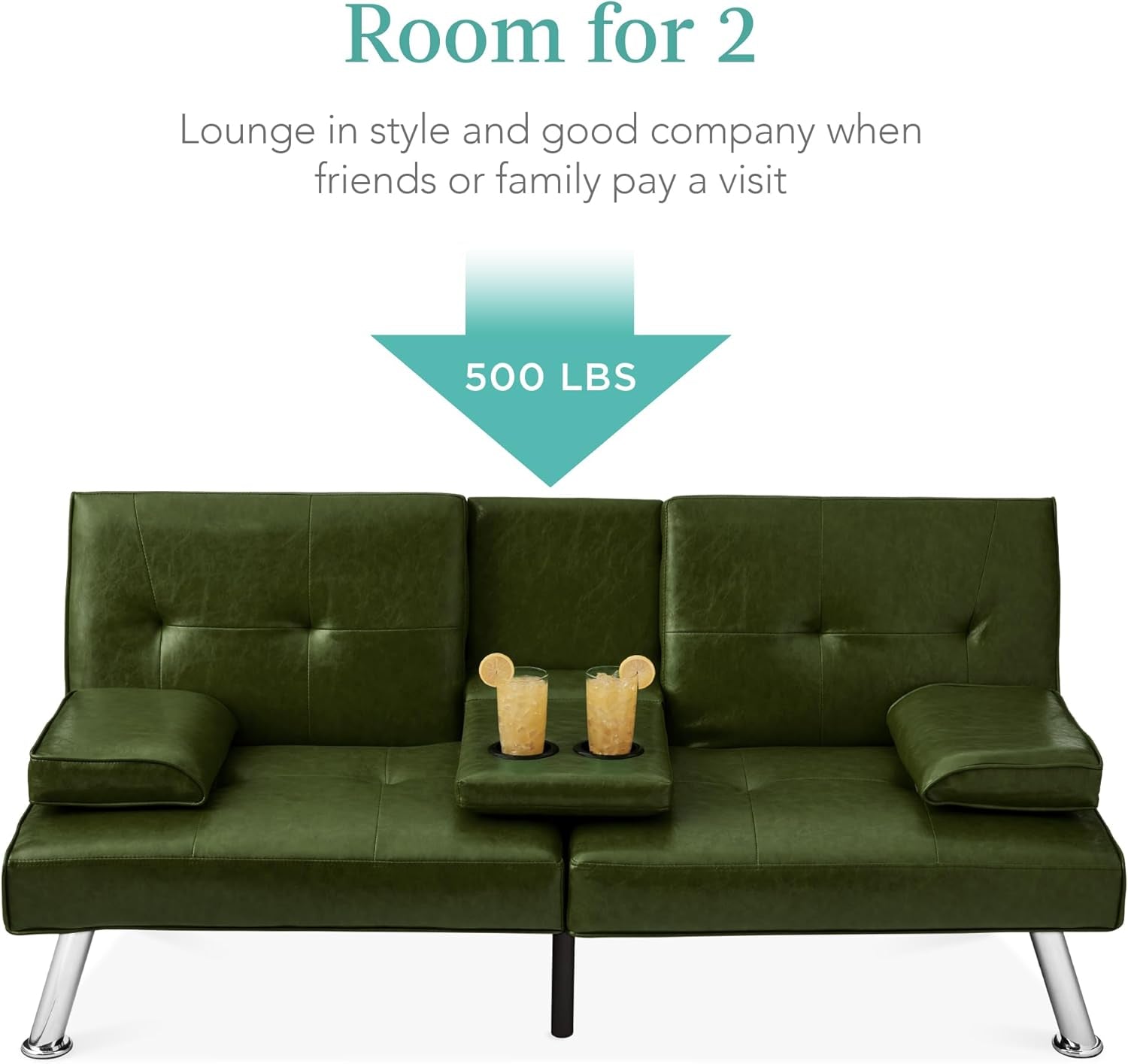 Dark Green Faux Leather Convertible Futon Sofa Sleeper With Adjustable Backrest