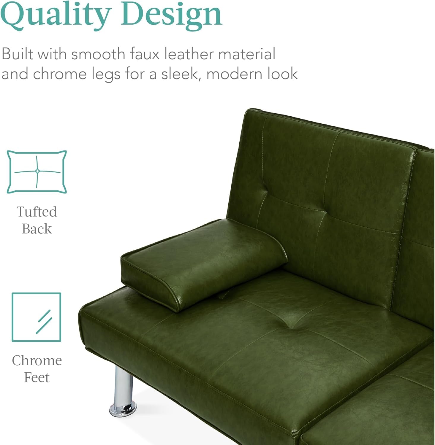 Dark Green Faux Leather Convertible Futon Sofa Sleeper With Adjustable Backrest