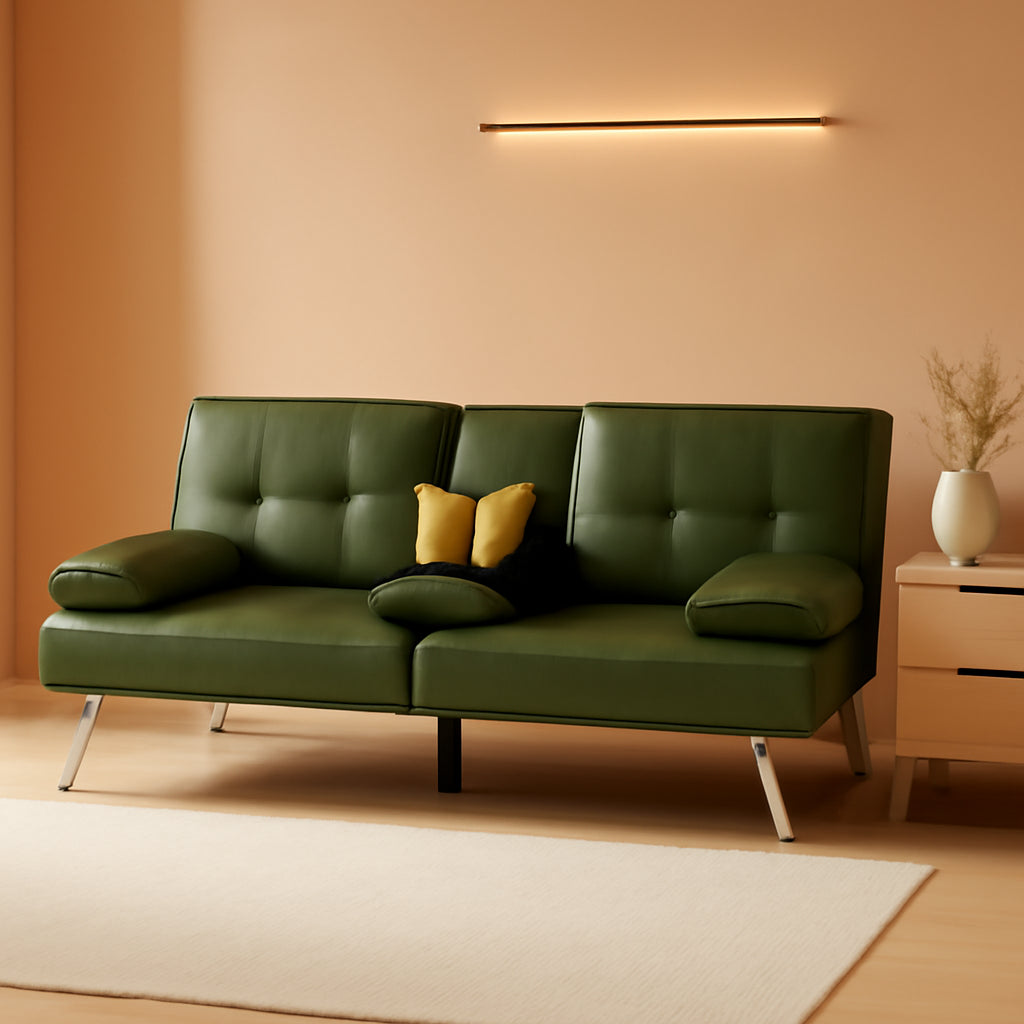 Dark Green Faux Leather Convertible Futon Sofa Sleeper With Adjustable Backrest
