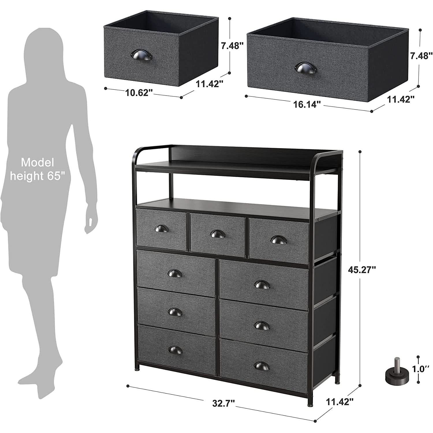 Dark Grey 9 Drawer Tall Fabric Dresser For Bedroom