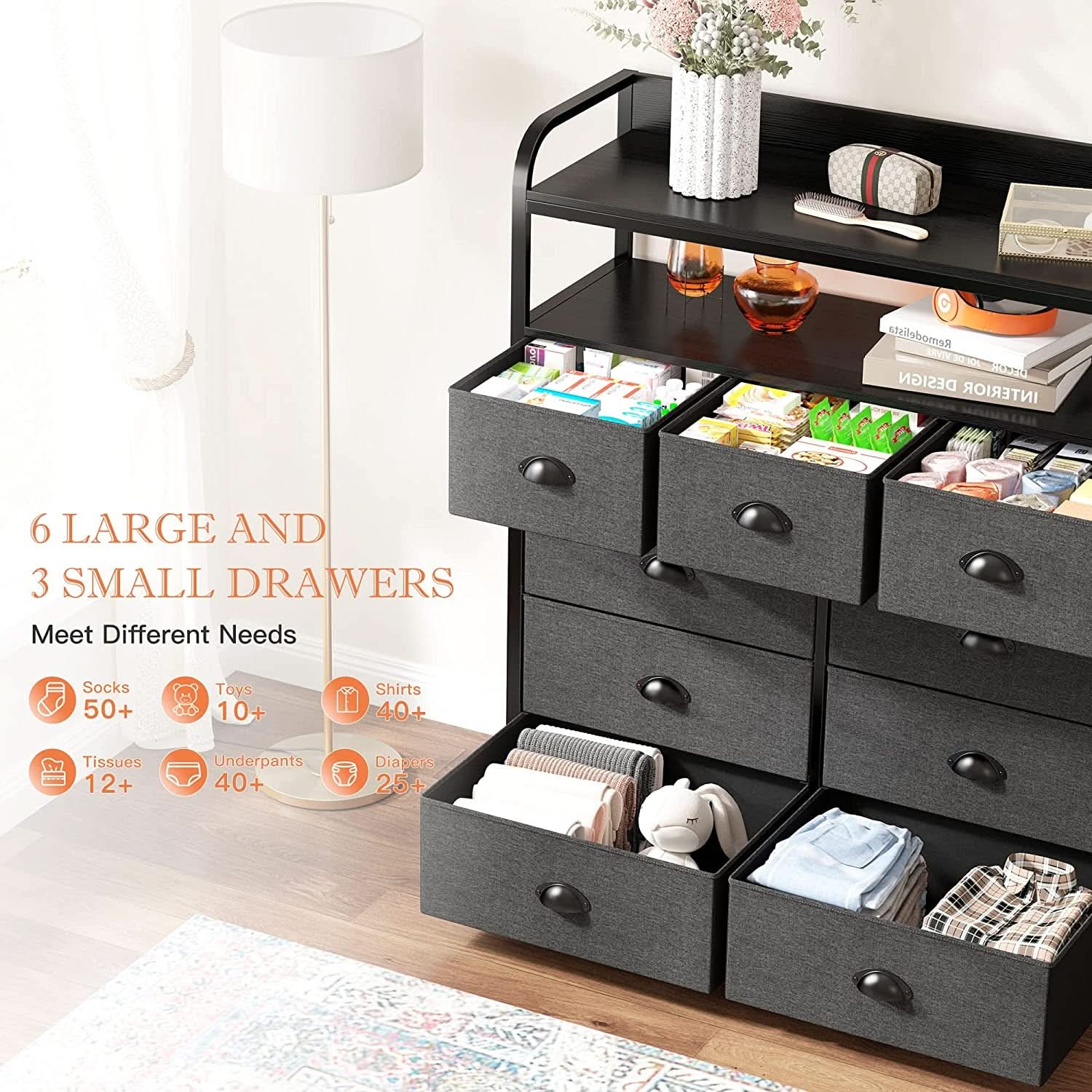 Dark Grey 9 Drawer Tall Fabric Dresser For Bedroom