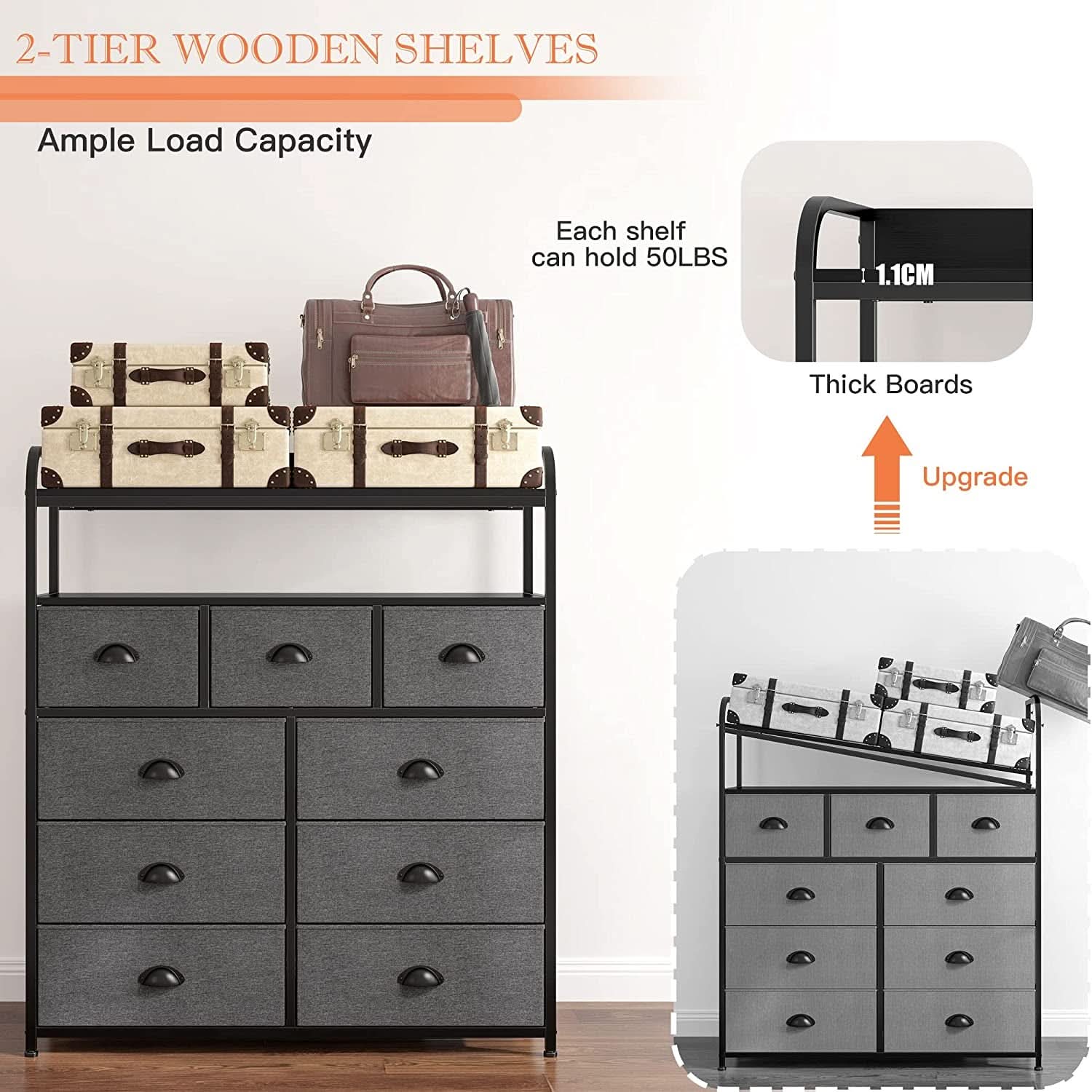 Dark Grey 9 Drawer Tall Fabric Dresser For Bedroom