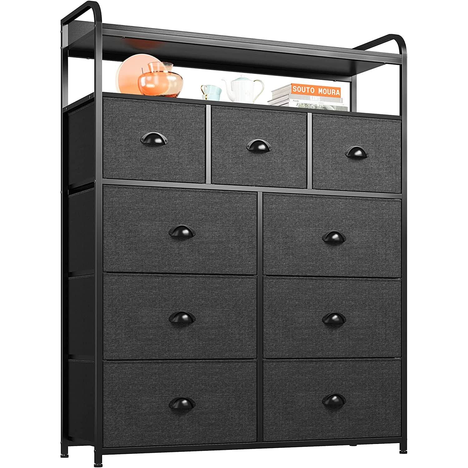 Dark Grey 9 Drawer Tall Fabric Dresser For Bedroom