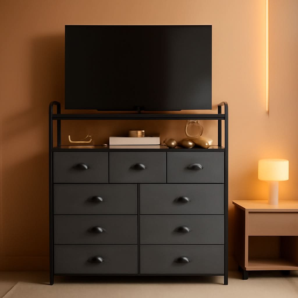 Dark Grey 9 Drawer Tall Fabric Dresser For Bedroom