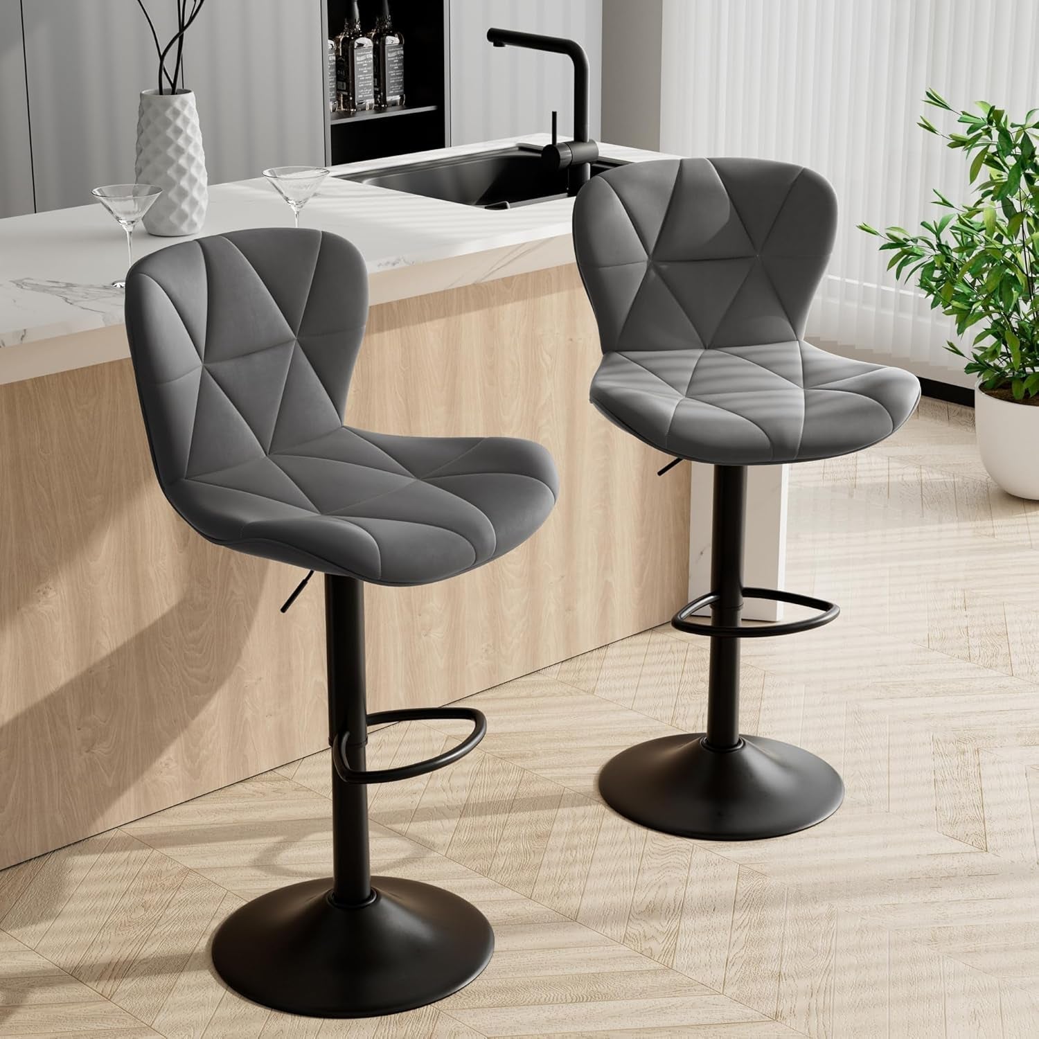 Dark Grey Adjustable Swivel Bar Stools Pair Faux Leather
