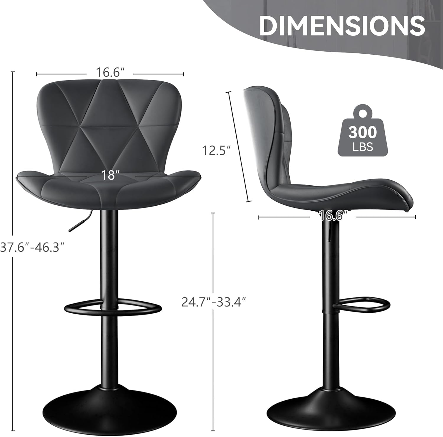 Dark Grey Adjustable Swivel Bar Stools Pair Faux Leather