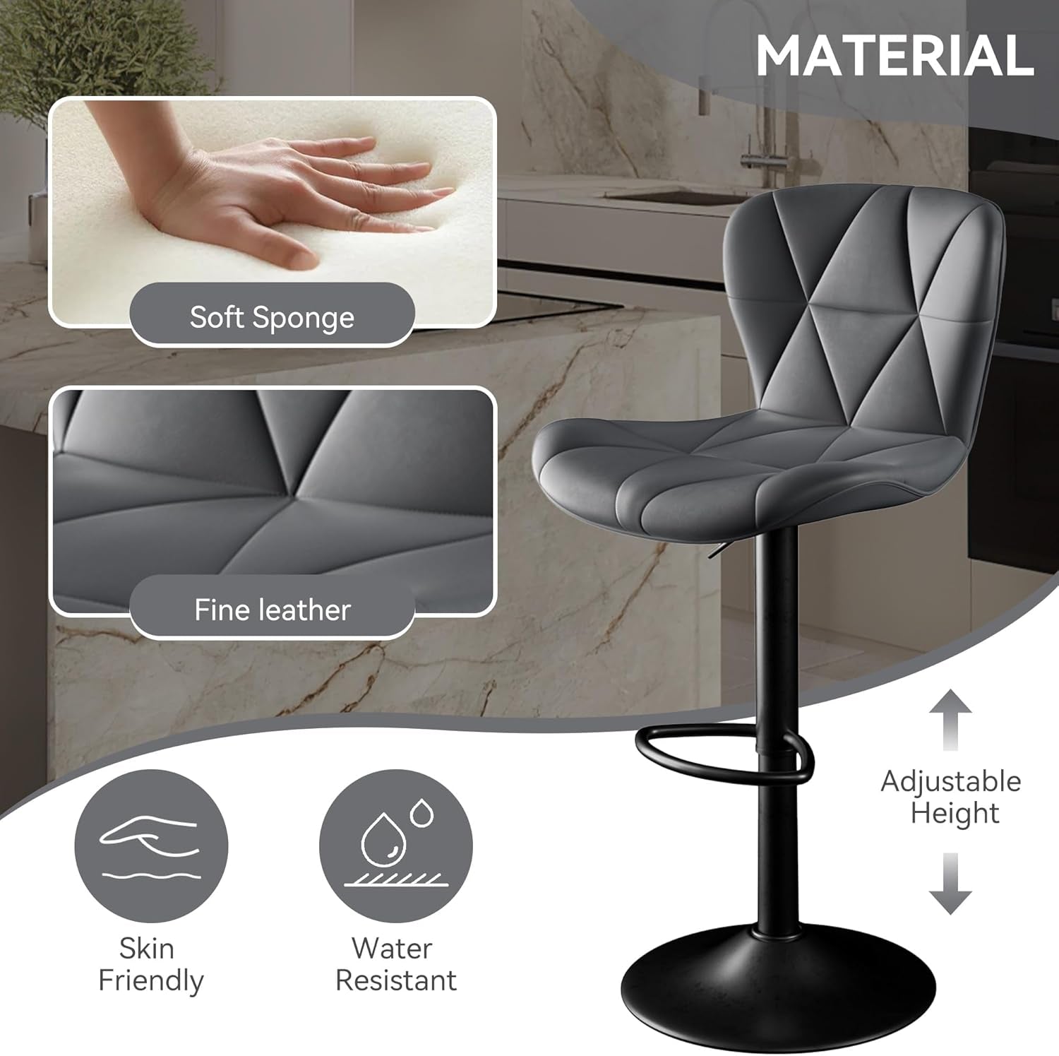 Dark Grey Adjustable Swivel Bar Stools Pair Faux Leather