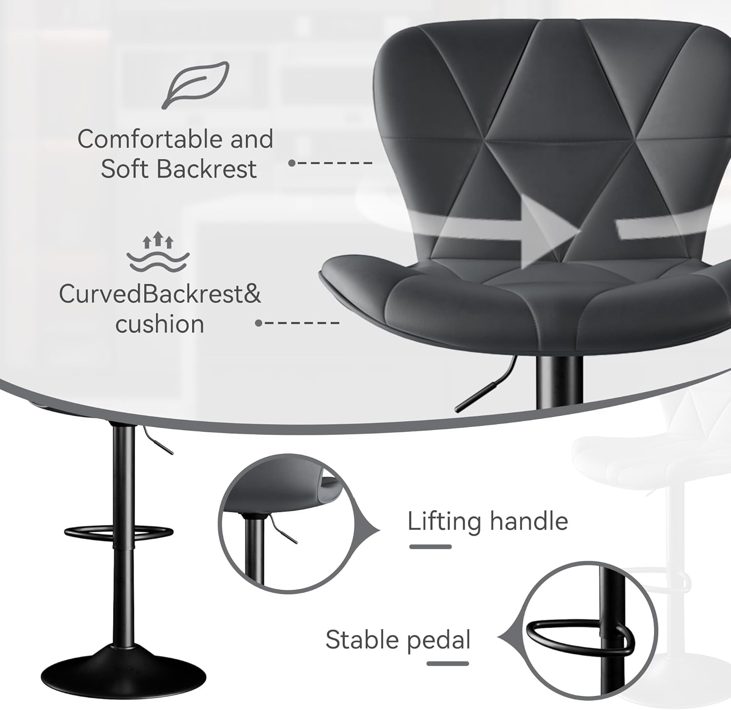 Dark Grey Adjustable Swivel Bar Stools Pair Faux Leather