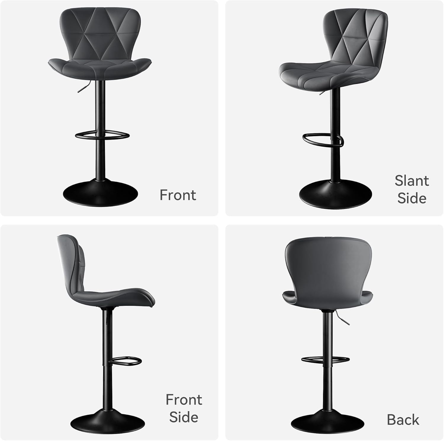 Dark Grey Adjustable Swivel Bar Stools Pair Faux Leather