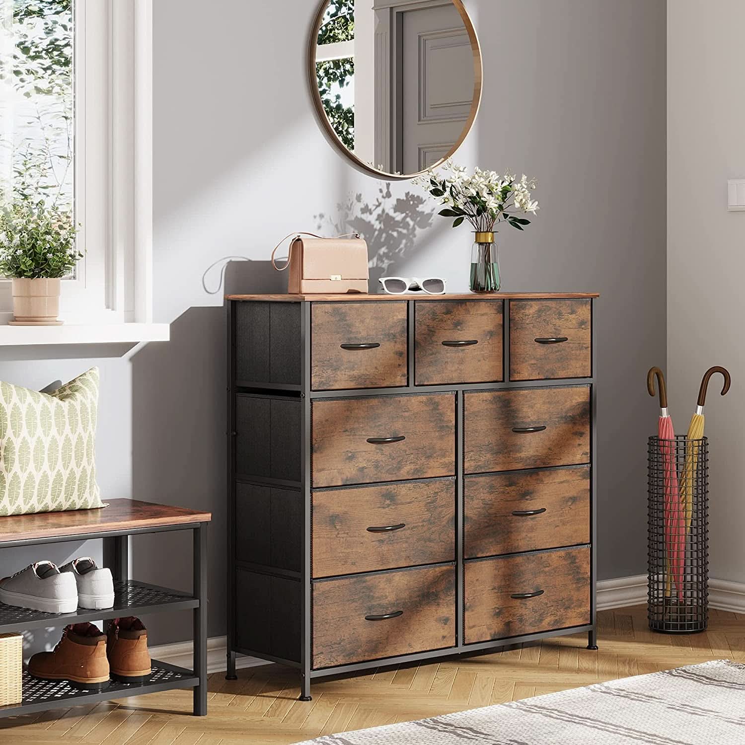 Dark Grey Chest Of Drawers With Wood Top For Bedroom Storage