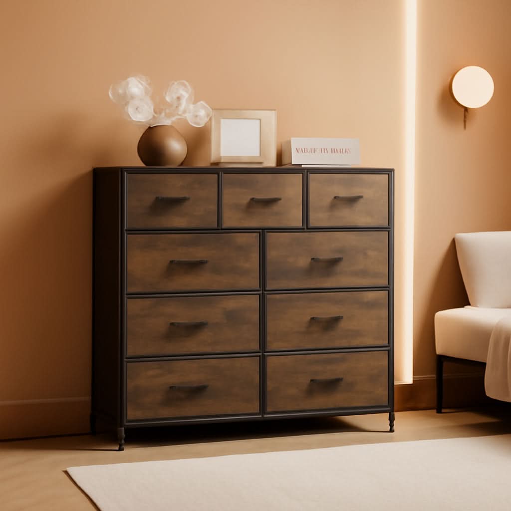 Dark Grey Chest Of Drawers With Wood Top For Bedroom Storage