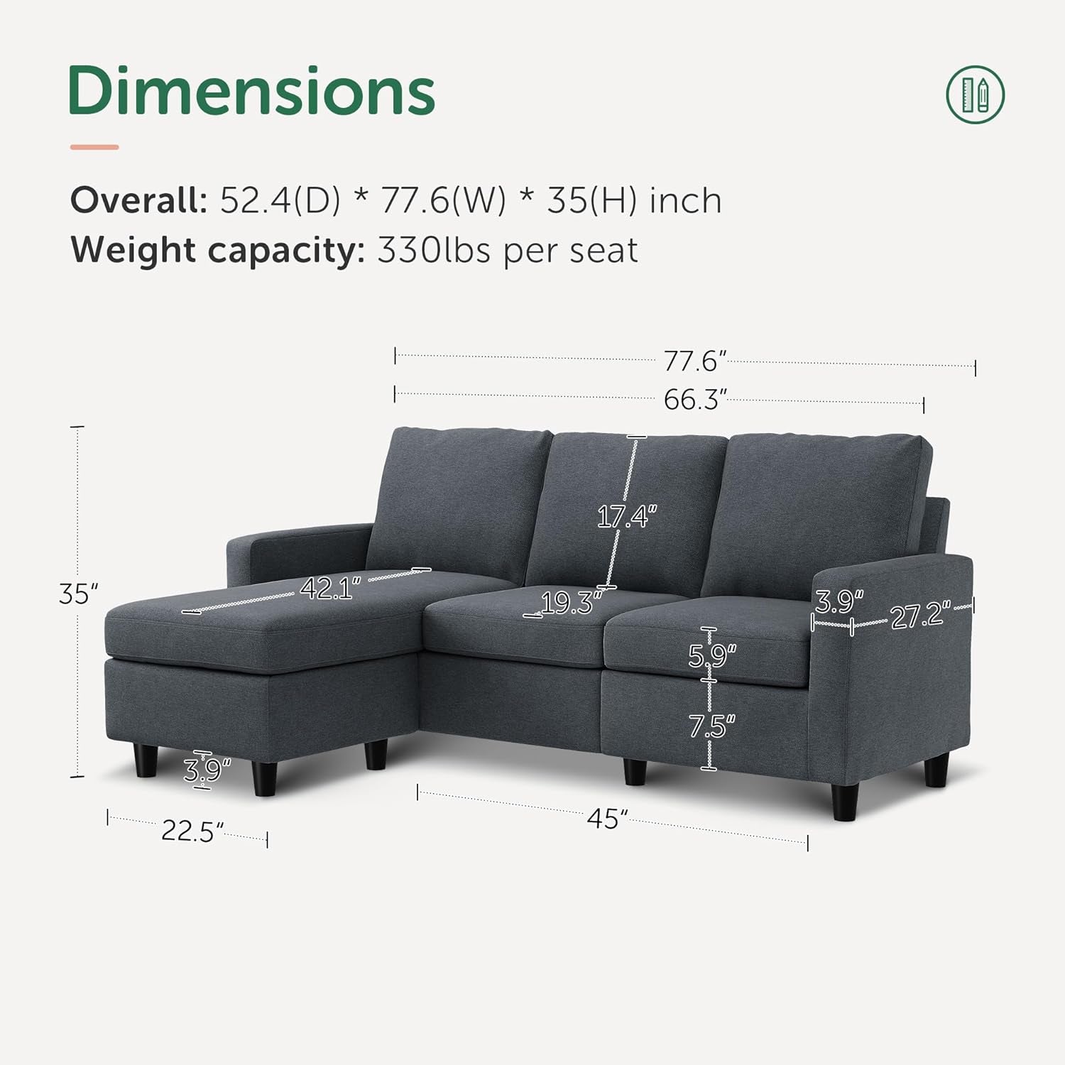 Dark Grey Convertible Sectional Sofa Reversible Chaise