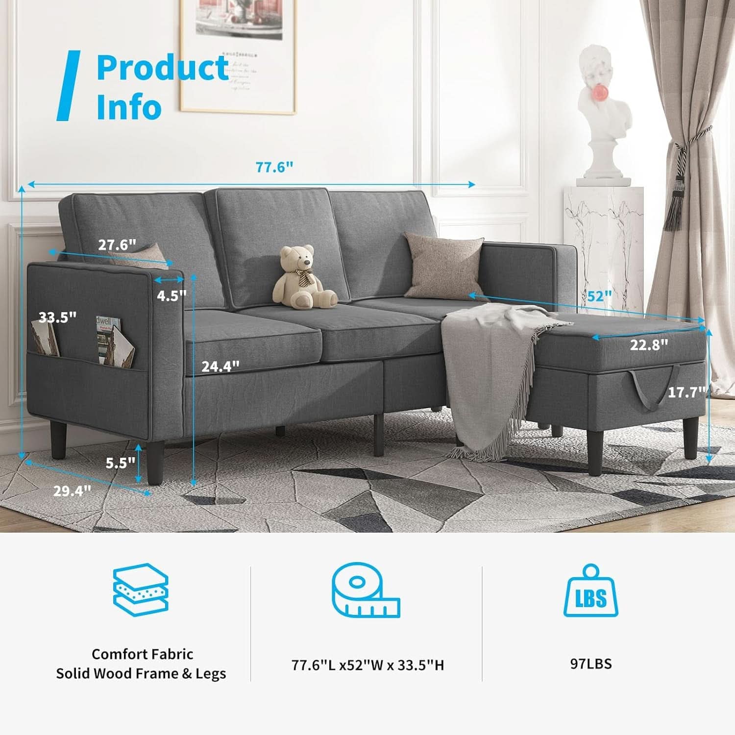 Dark Grey Convertible Sectional Sofa With Storage Ottoman