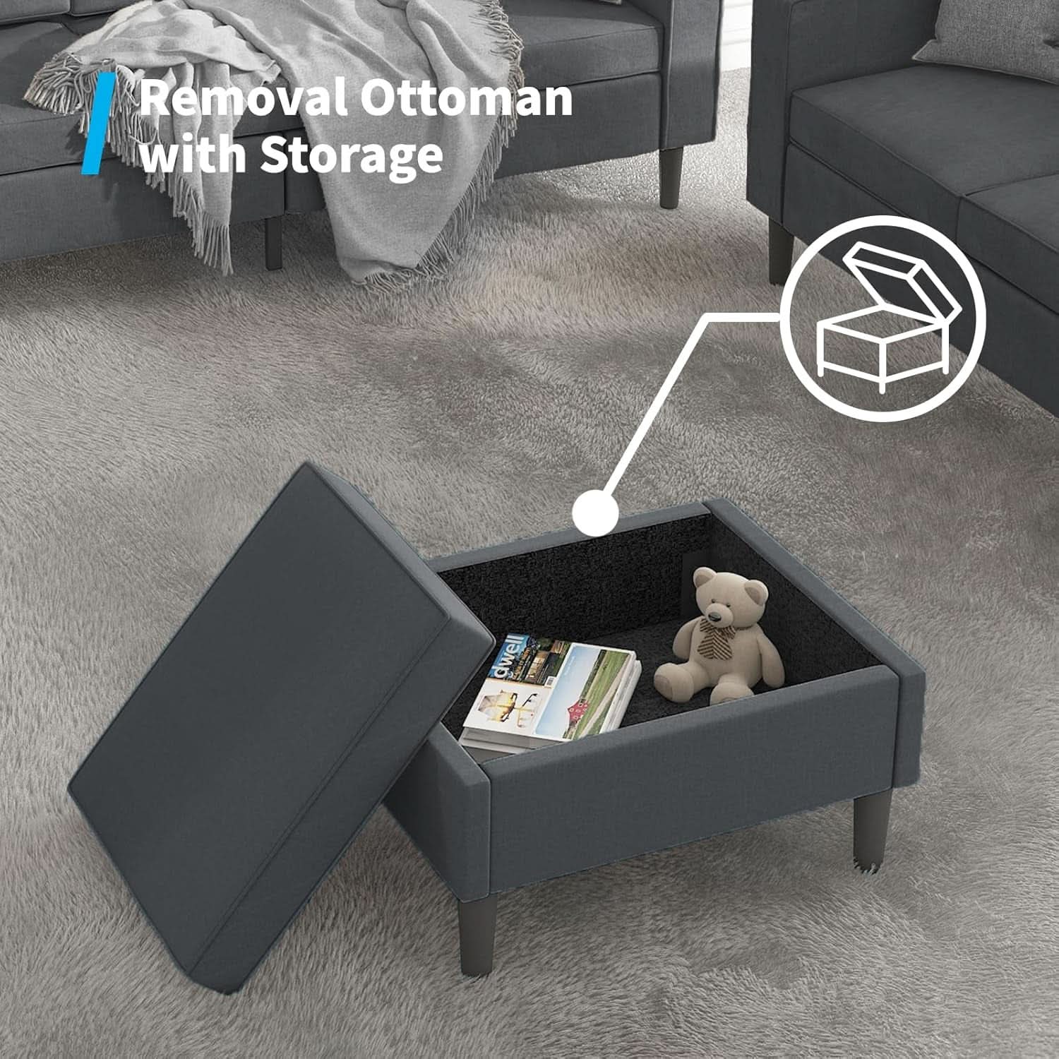 Dark Grey Convertible Sectional Sofa With Storage Ottoman