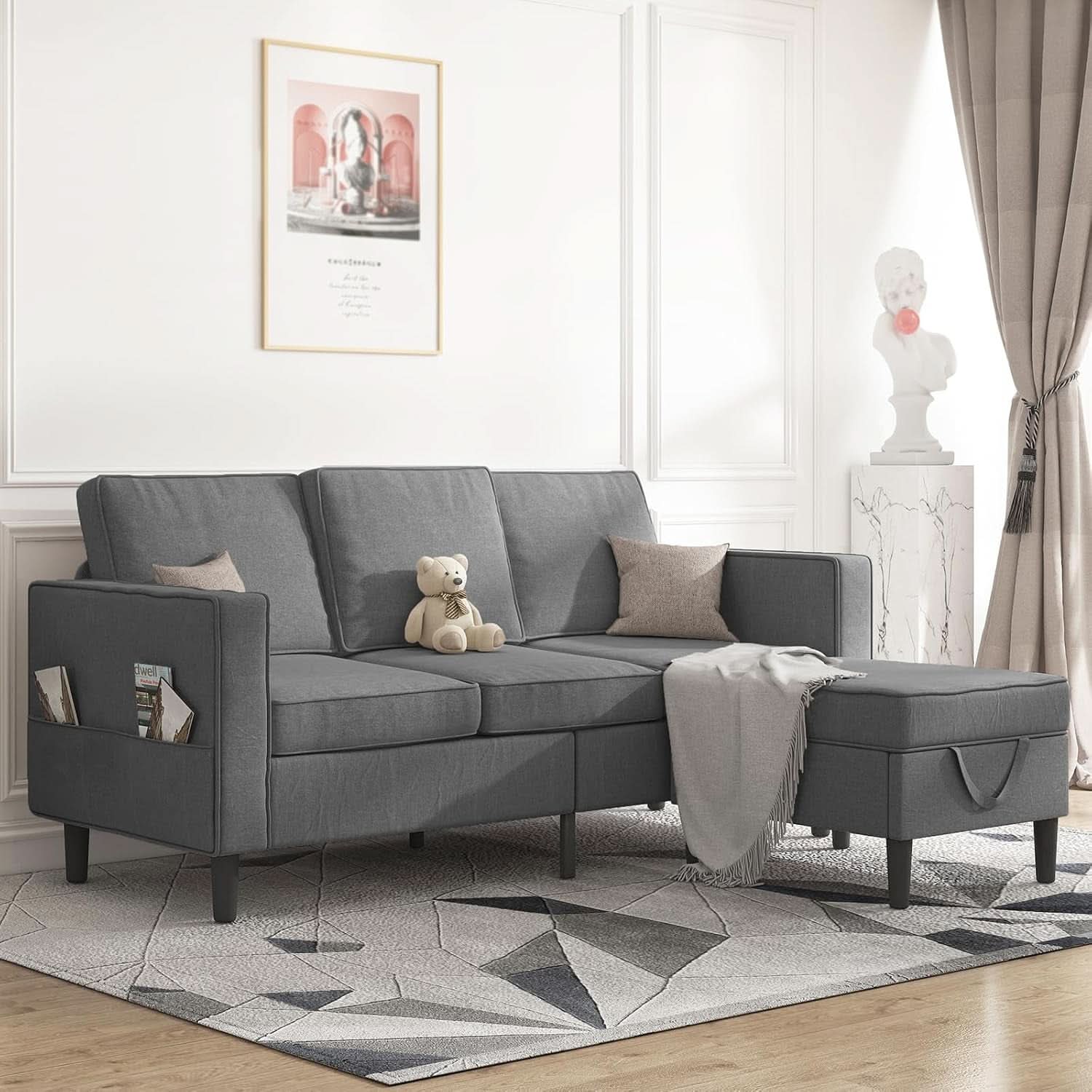 Dark Grey Convertible Sectional Sofa With Storage Ottoman