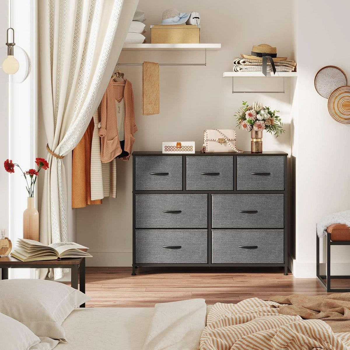 Dark Grey Dresser TV Stand With Fabric Drawers For 45 Inch TV