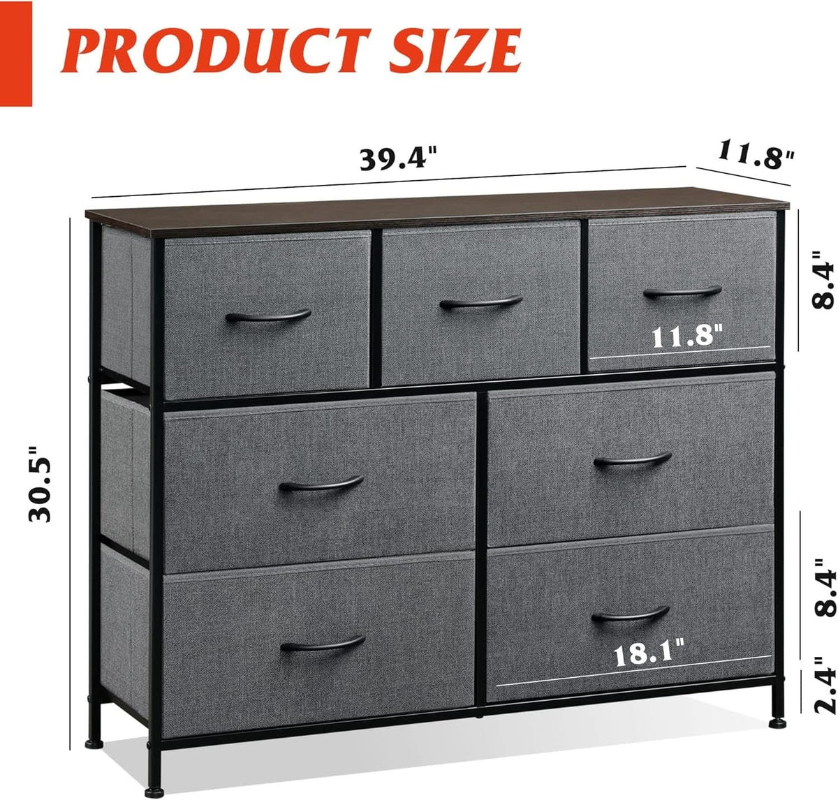 Dark Grey Dresser TV Stand With Fabric Drawers For 45 Inch TV