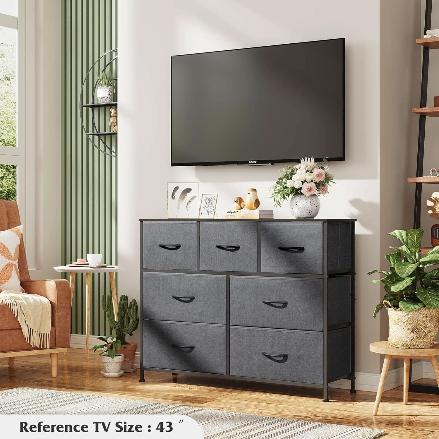 Dark Grey Dresser TV Stand With Fabric Drawers For 45 Inch TV