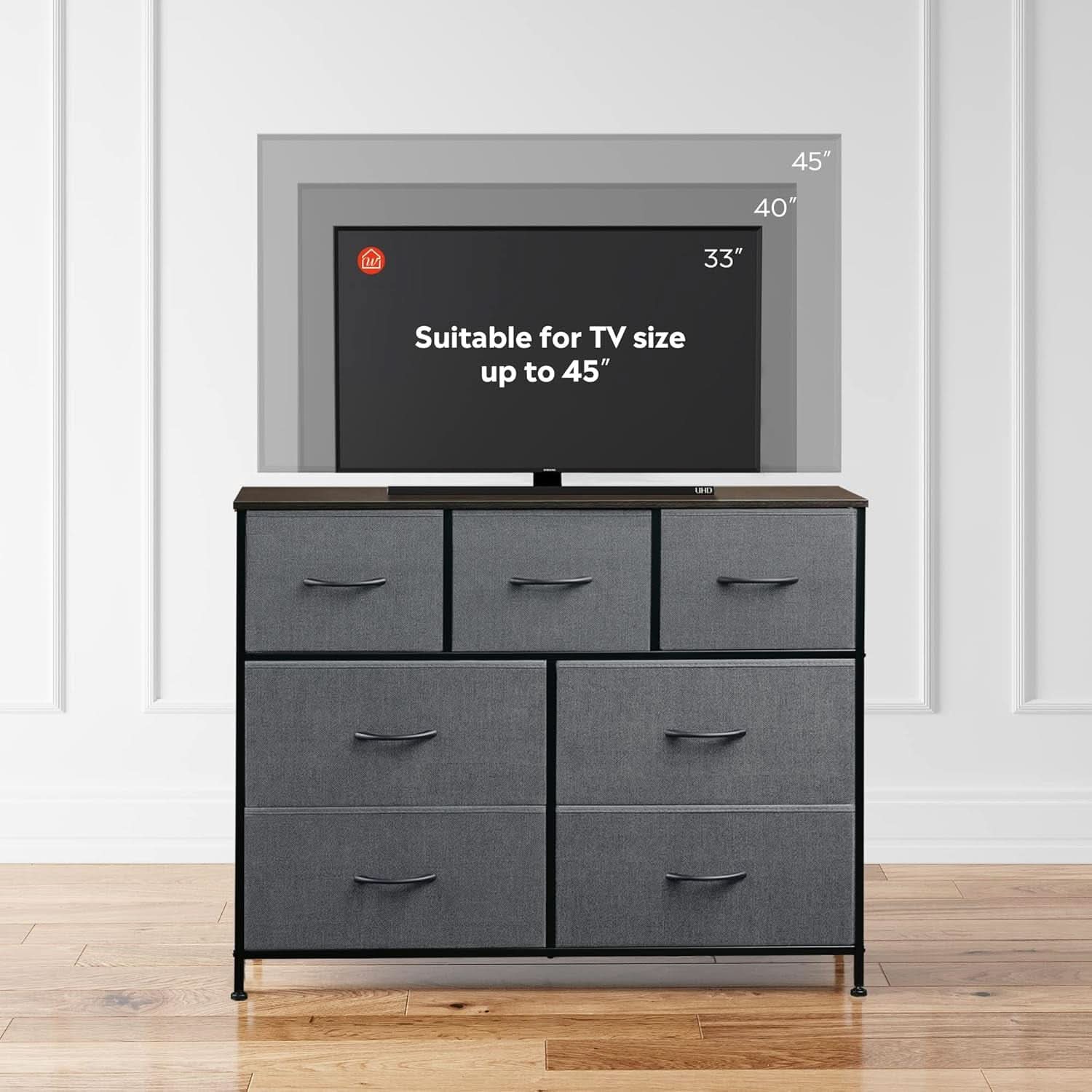 Dark Grey Dresser TV Stand With Fabric Drawers For 45 Inch TV