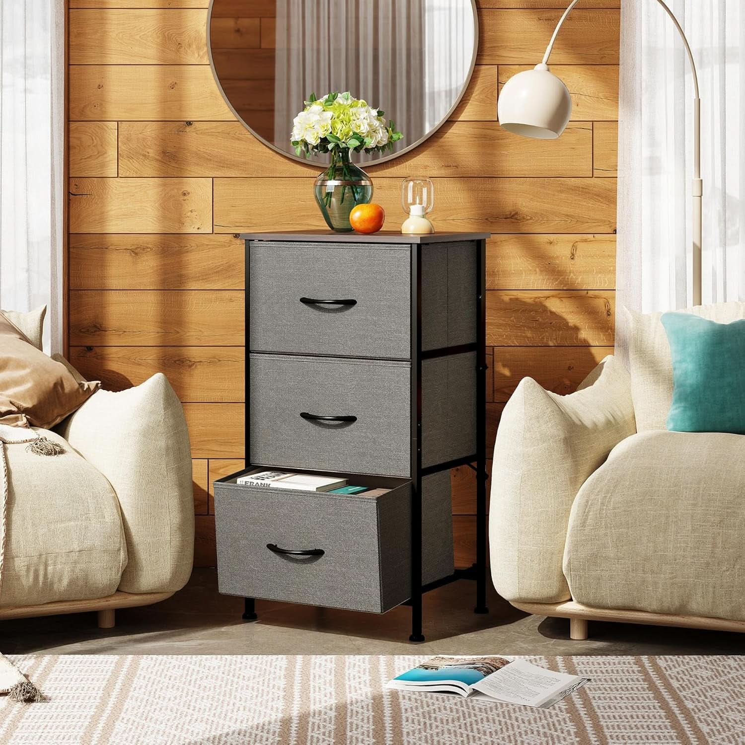 Dark Grey Dresser With 3 Drawers, Steel Frame, Wood Top