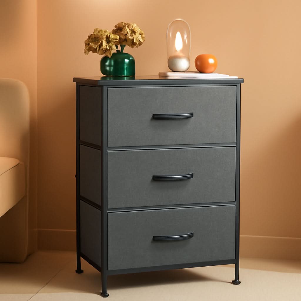 Dark Grey Dresser With 3 Drawers, Steel Frame, Wood Top
