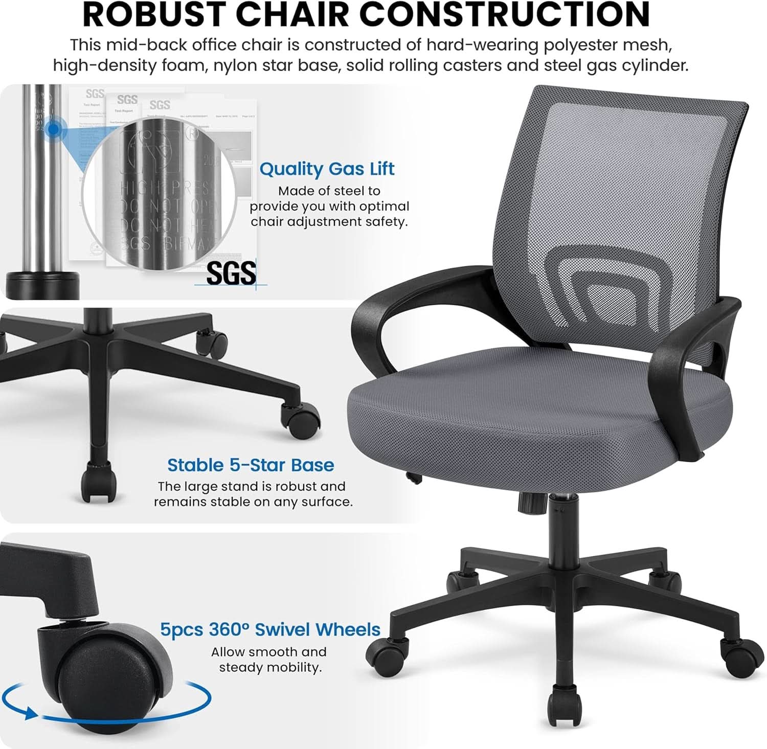 Dark Grey Ergonomic Mesh Office Chair With Lumbar Support Mid Back