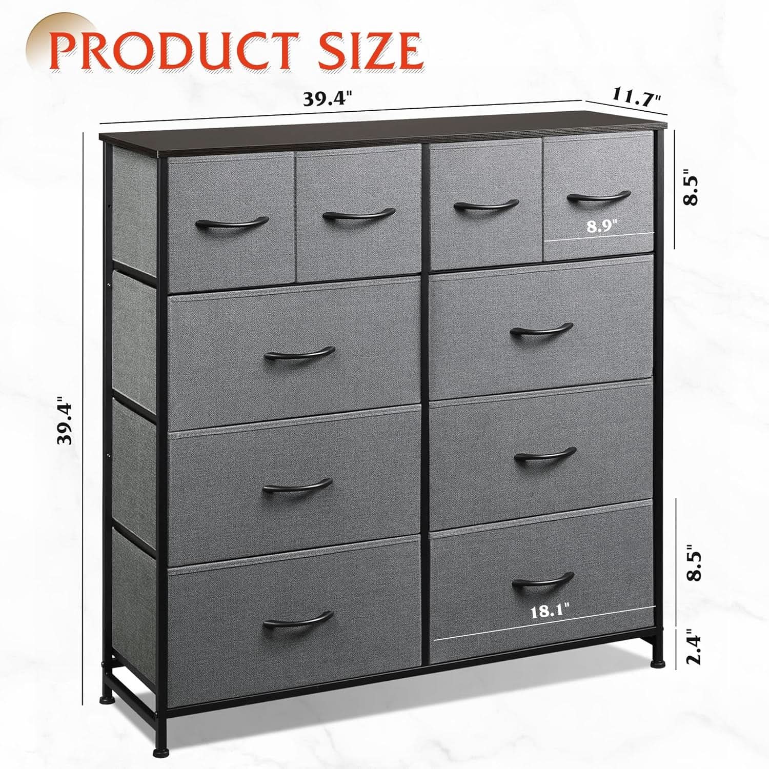 Dark Grey Fabric Dresser With 10 Drawers For Bedroom