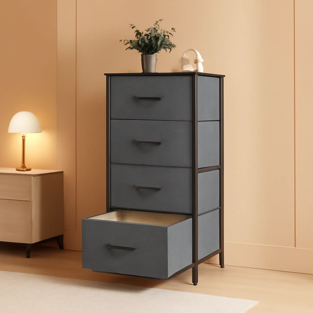 Dark Grey Fabric Dresser With Wood Top 4 Drawer Organizer