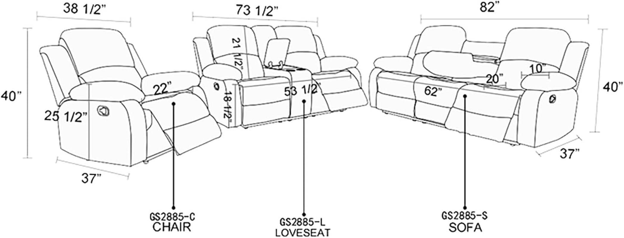 Dark Grey Flannel Recliner Sofa Set With Cup Holders And Storage Console