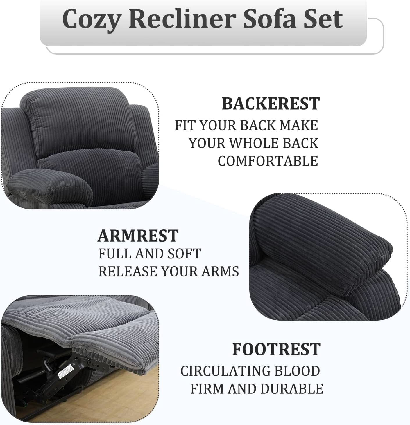 Dark Grey Flannel Recliner Sofa Set With Cup Holders And Storage Console