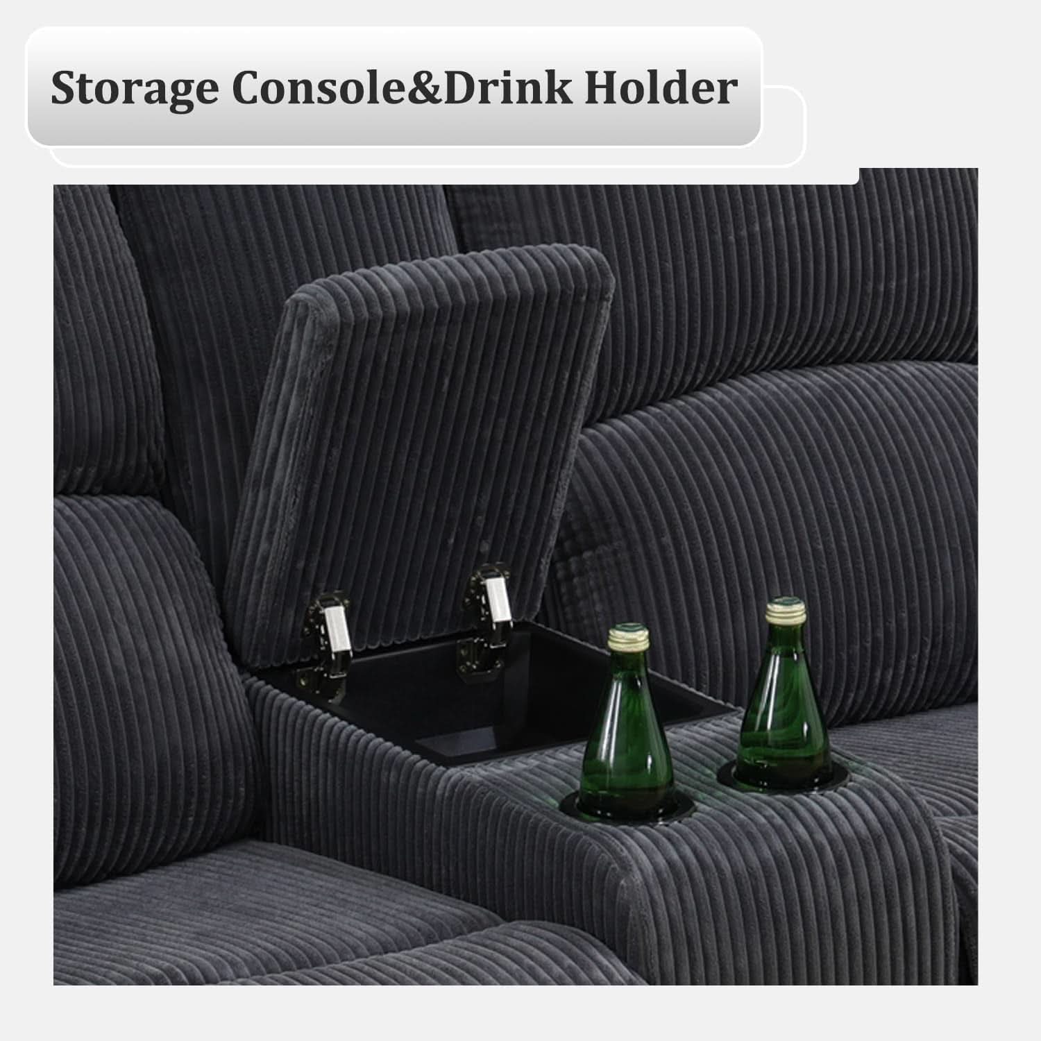 Dark Grey Flannel Recliner Sofa Set With Cup Holders And Storage Console