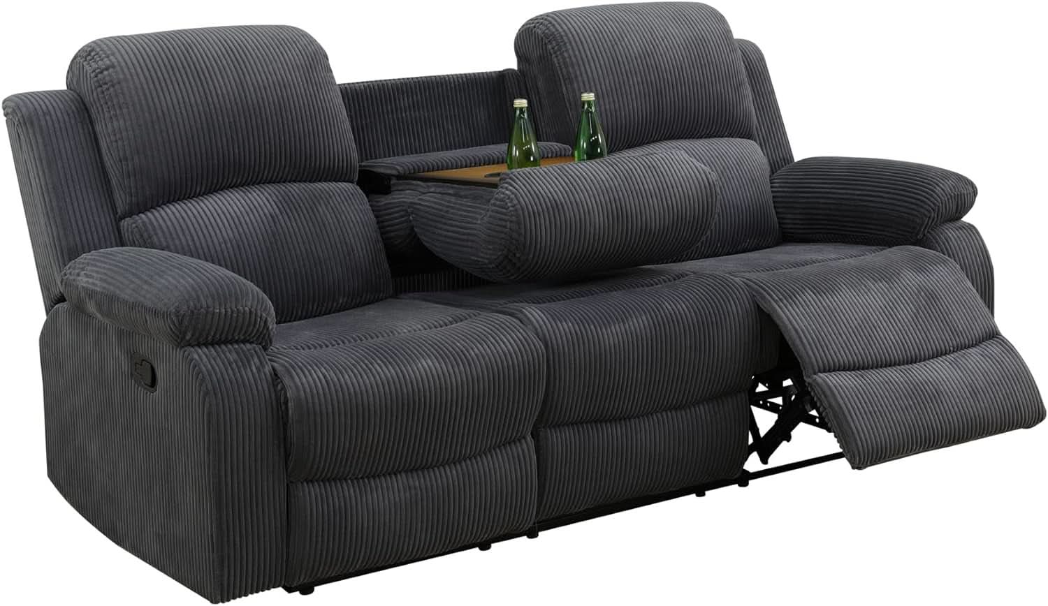 Dark Grey Flannel Recliner Sofa Set With Cup Holders And Storage Console