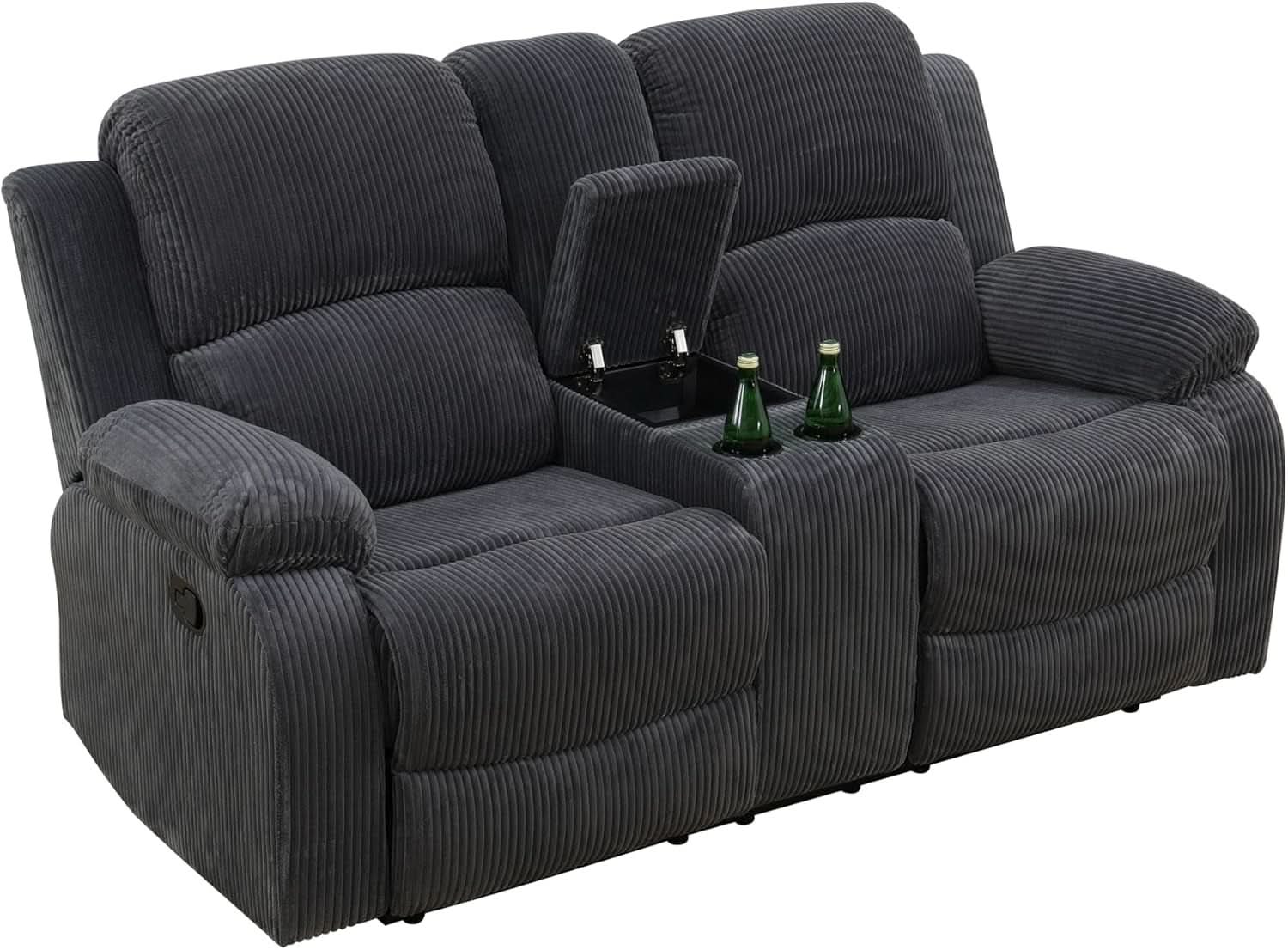 Dark Grey Flannel Recliner Sofa Set With Cup Holders And Storage Console