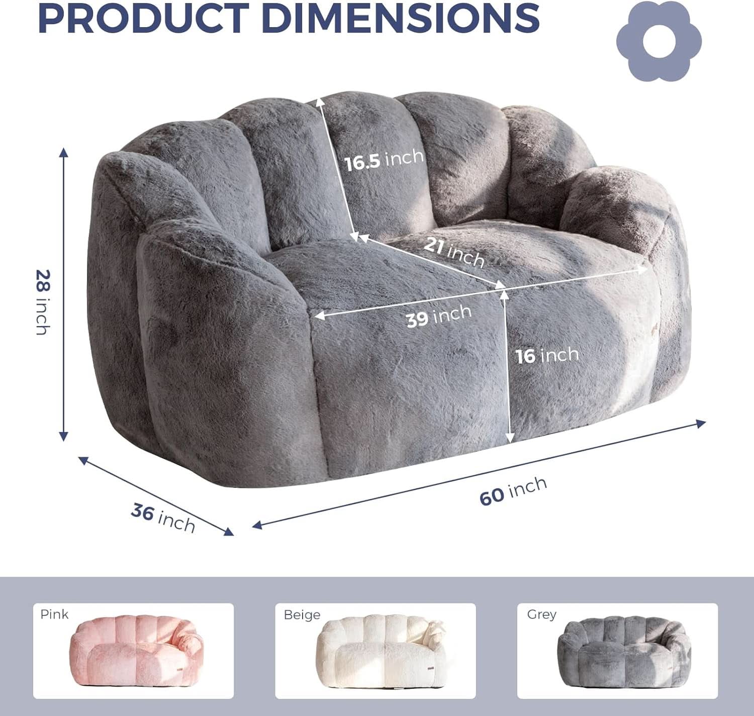 Dark Grey Floral Faux Fur Bean Bag Chair For Adults