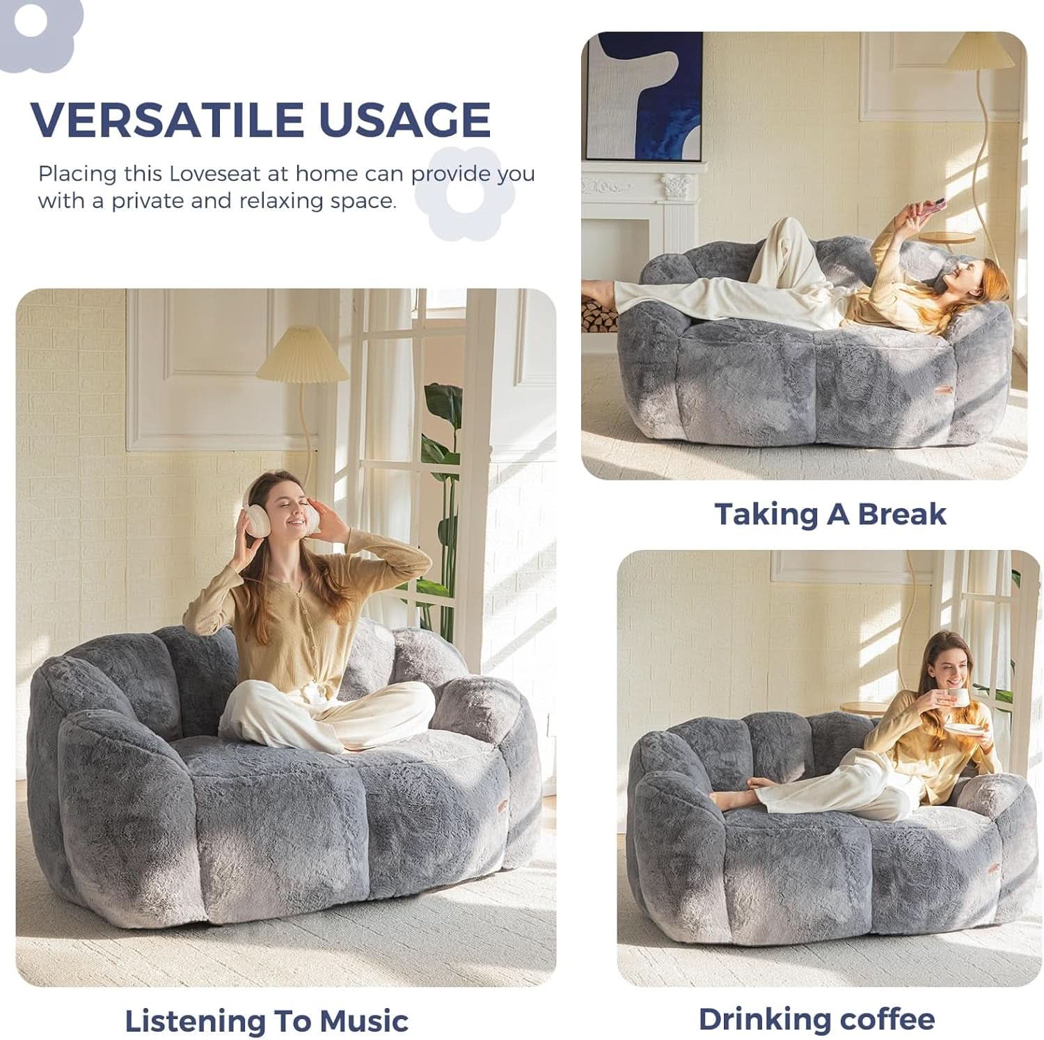 Dark Grey Floral Faux Fur Bean Bag Chair For Adults
