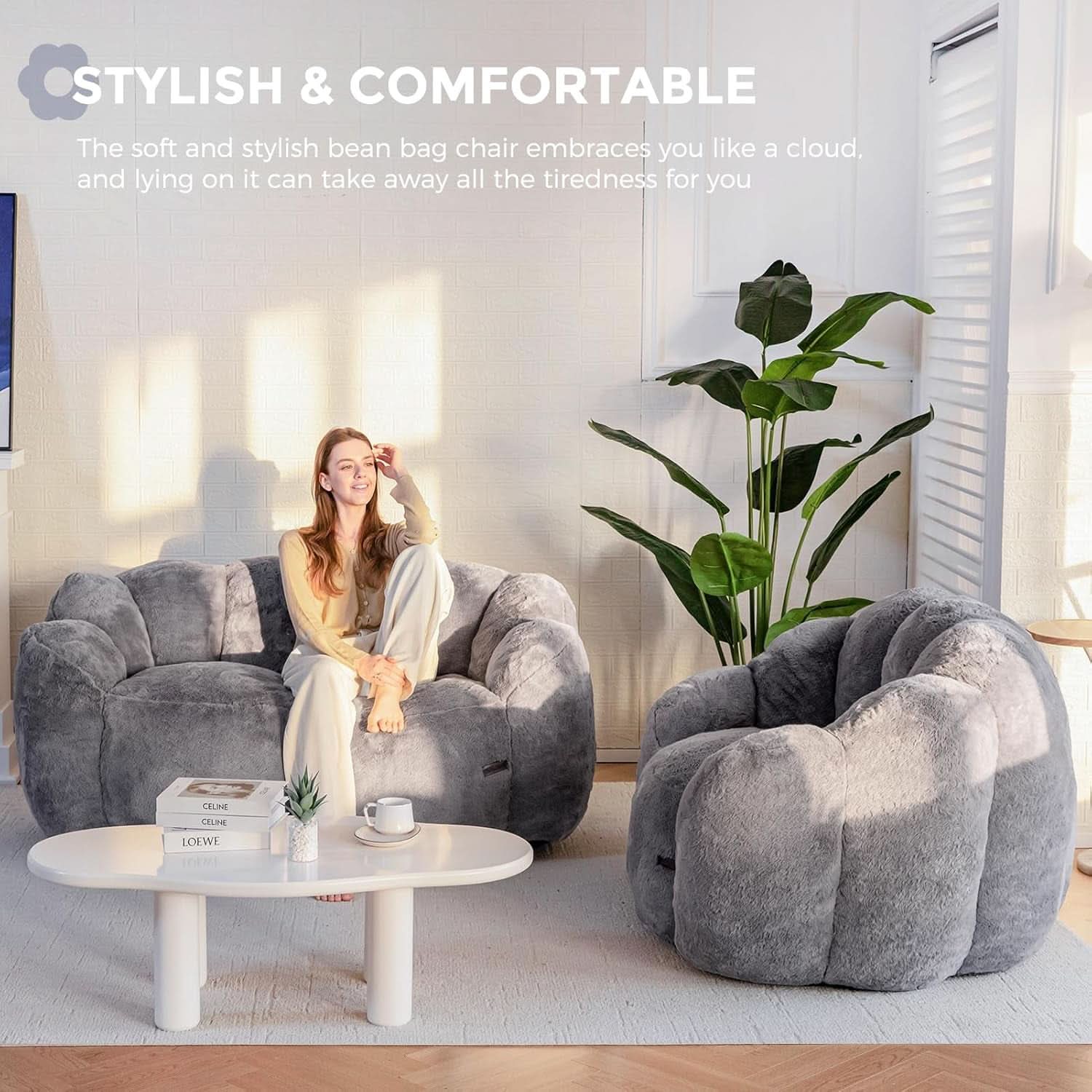 Dark Grey Floral Faux Fur Bean Bag Chair For Adults