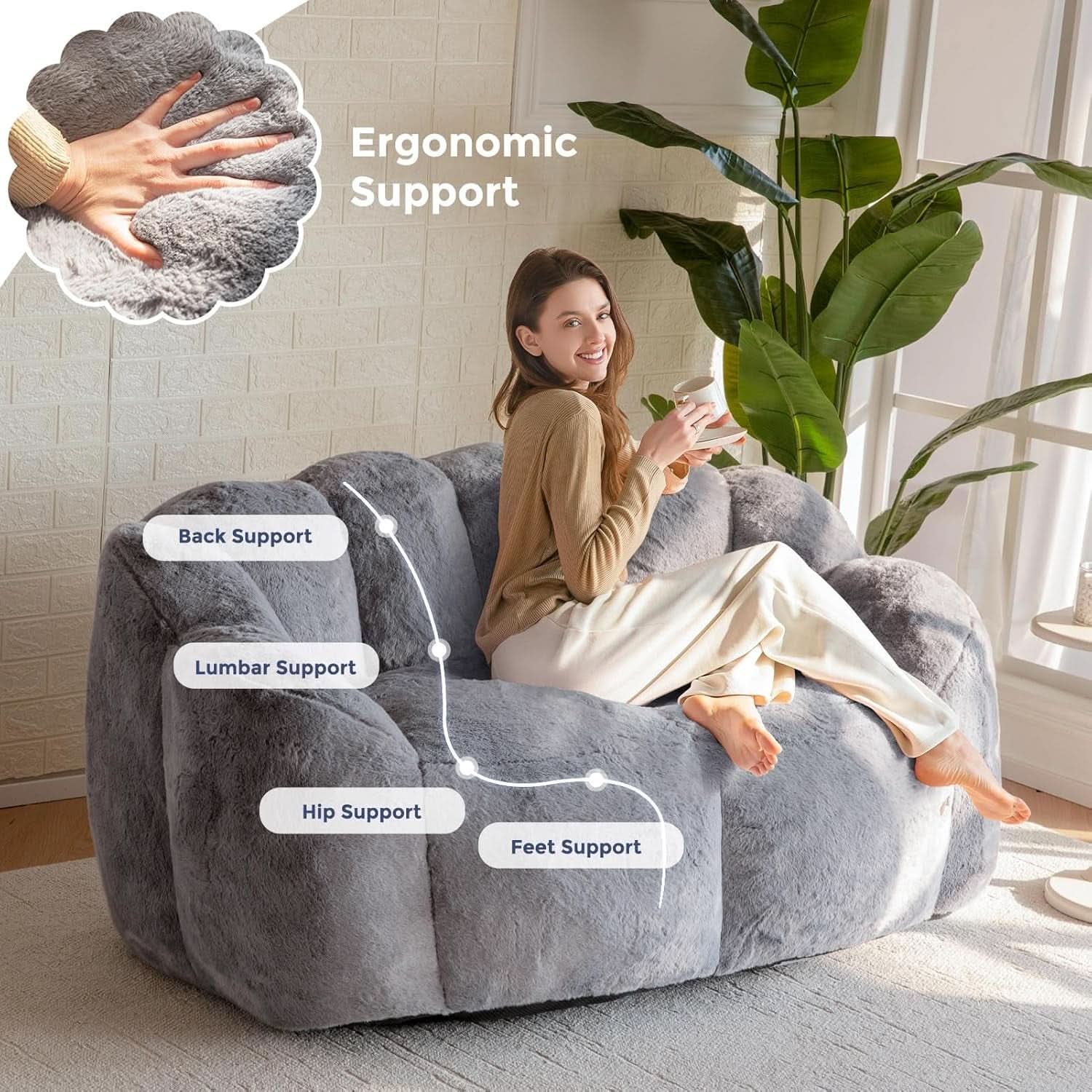 Dark Grey Floral Faux Fur Bean Bag Chair For Adults