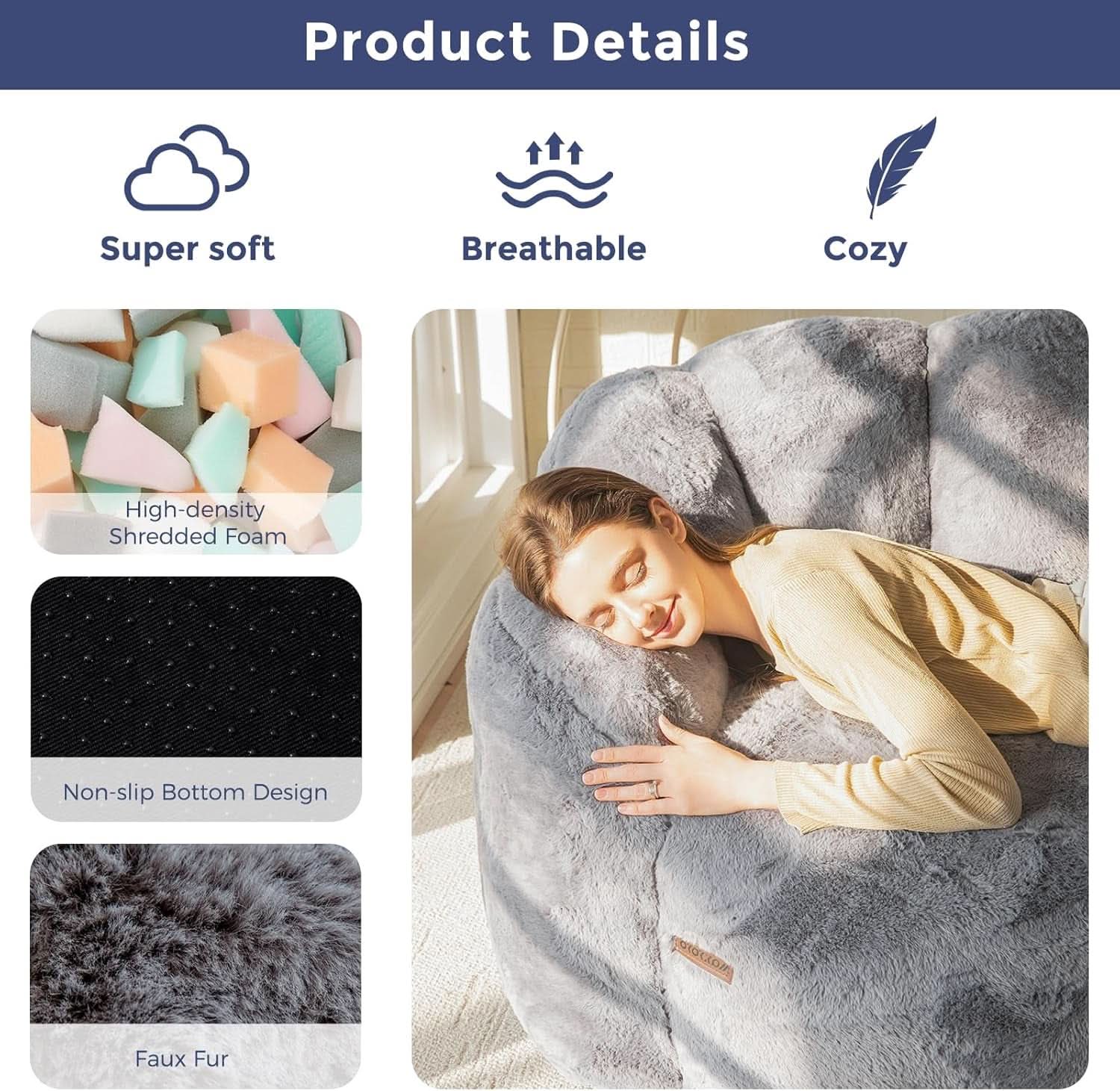 Dark Grey Floral Faux Fur Bean Bag Chair For Adults