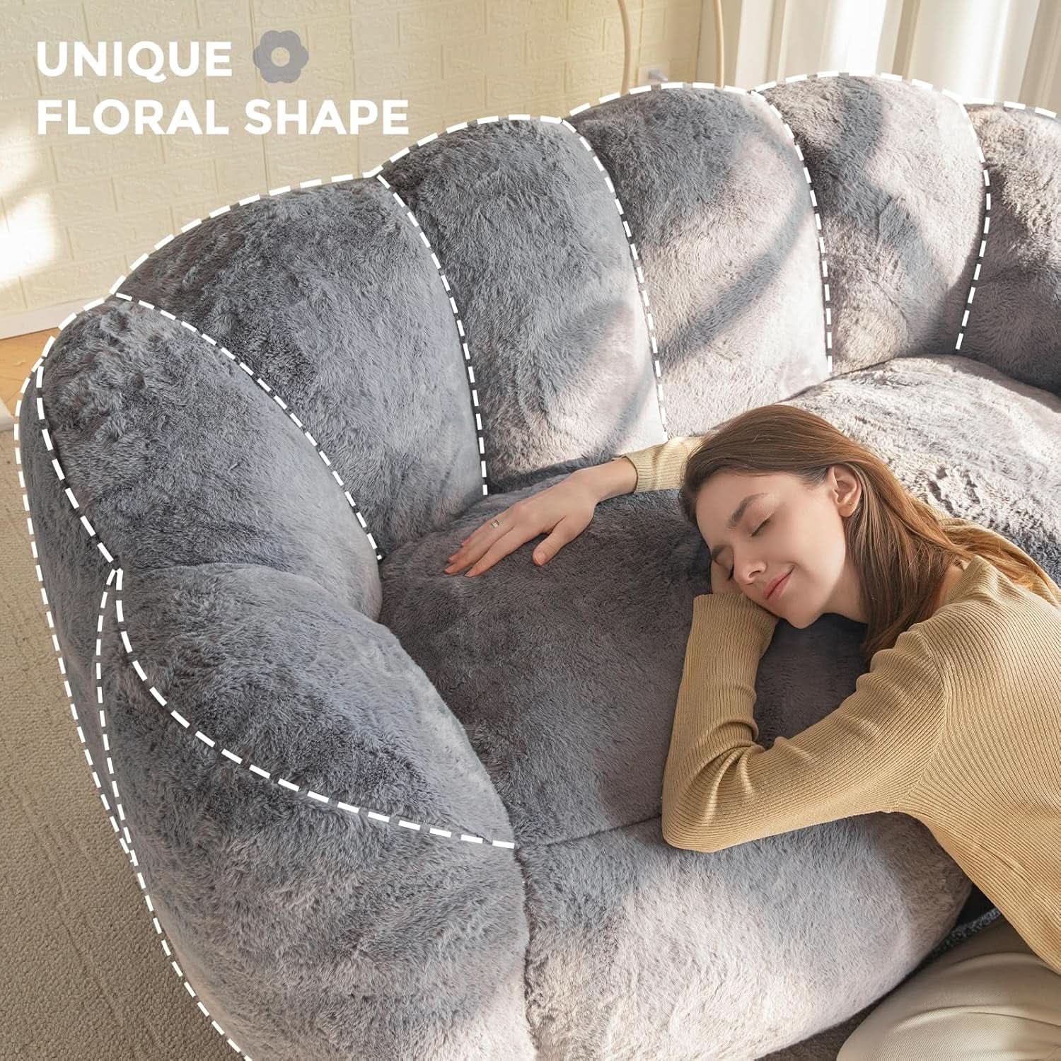 Dark Grey Floral Faux Fur Bean Bag Chair For Adults