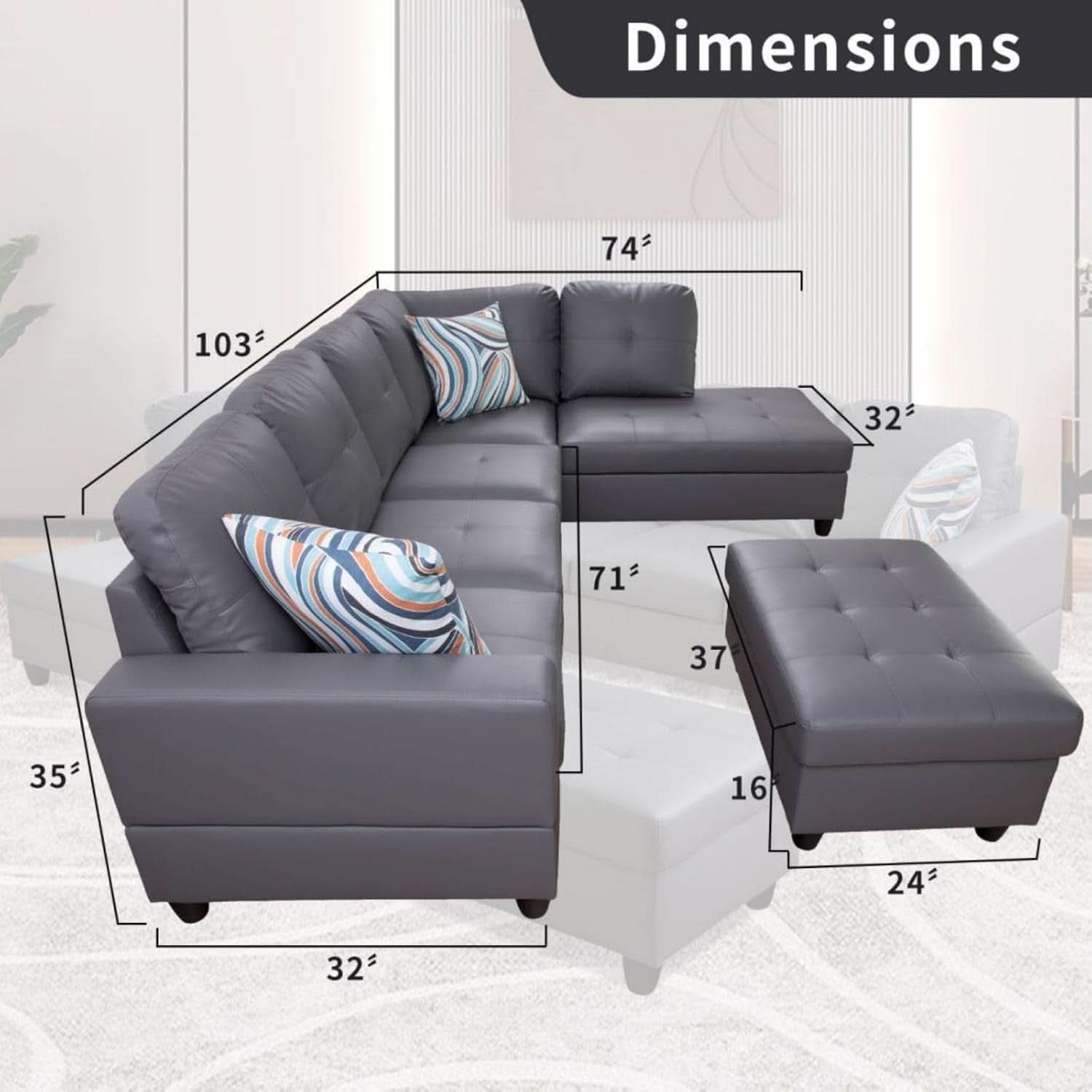 Dark Grey L Shaped PU Leather Sofa With Storage Ottoman